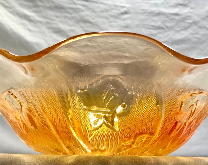 Vintage Amber/Marigold Iris Carnival Glass Fluted Bowl,Jeanette Glass Co 1950