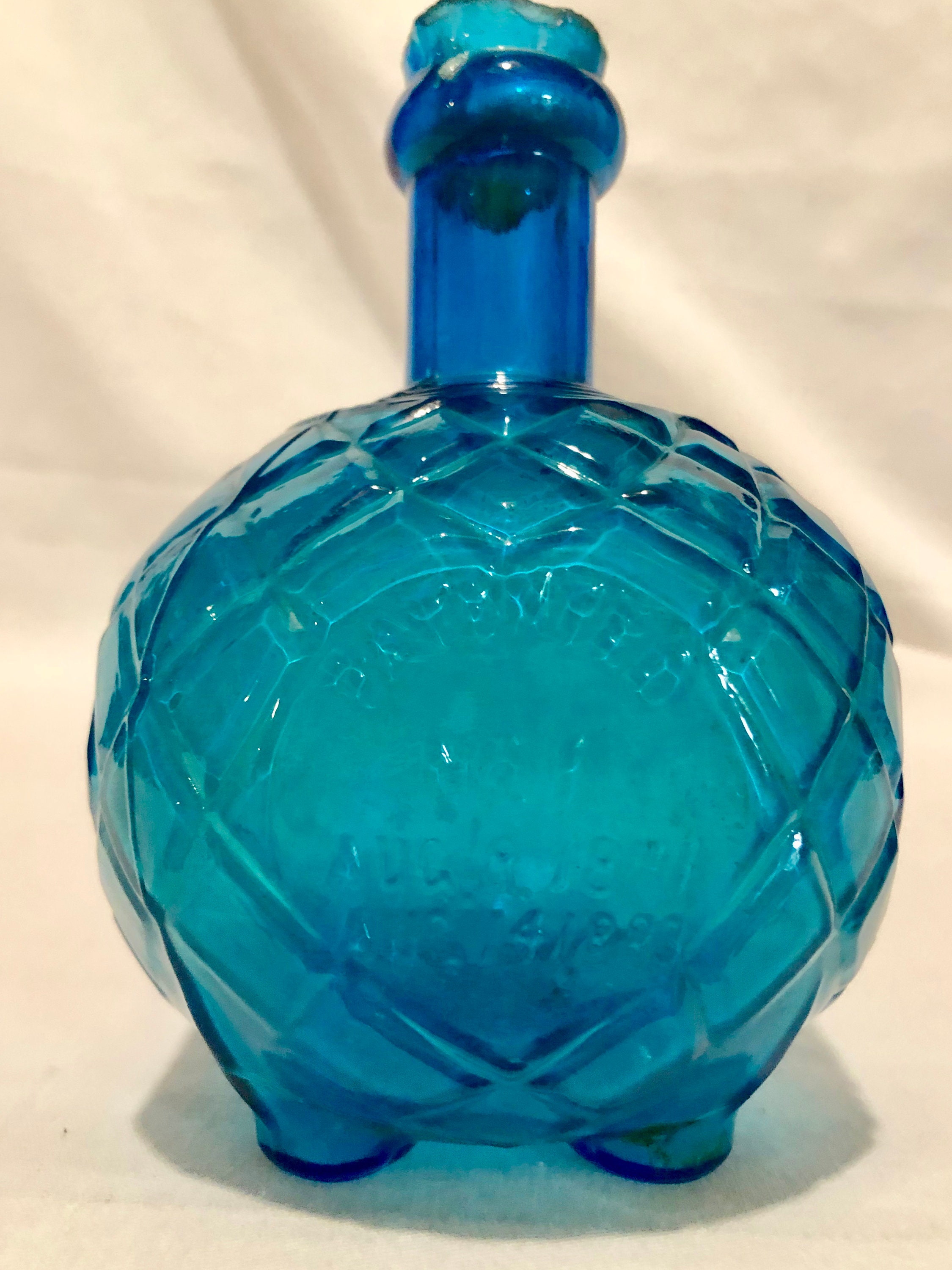Antique Harden Star Quilted Sled Foot Aqua Blue Glass Hand Fire Grenade