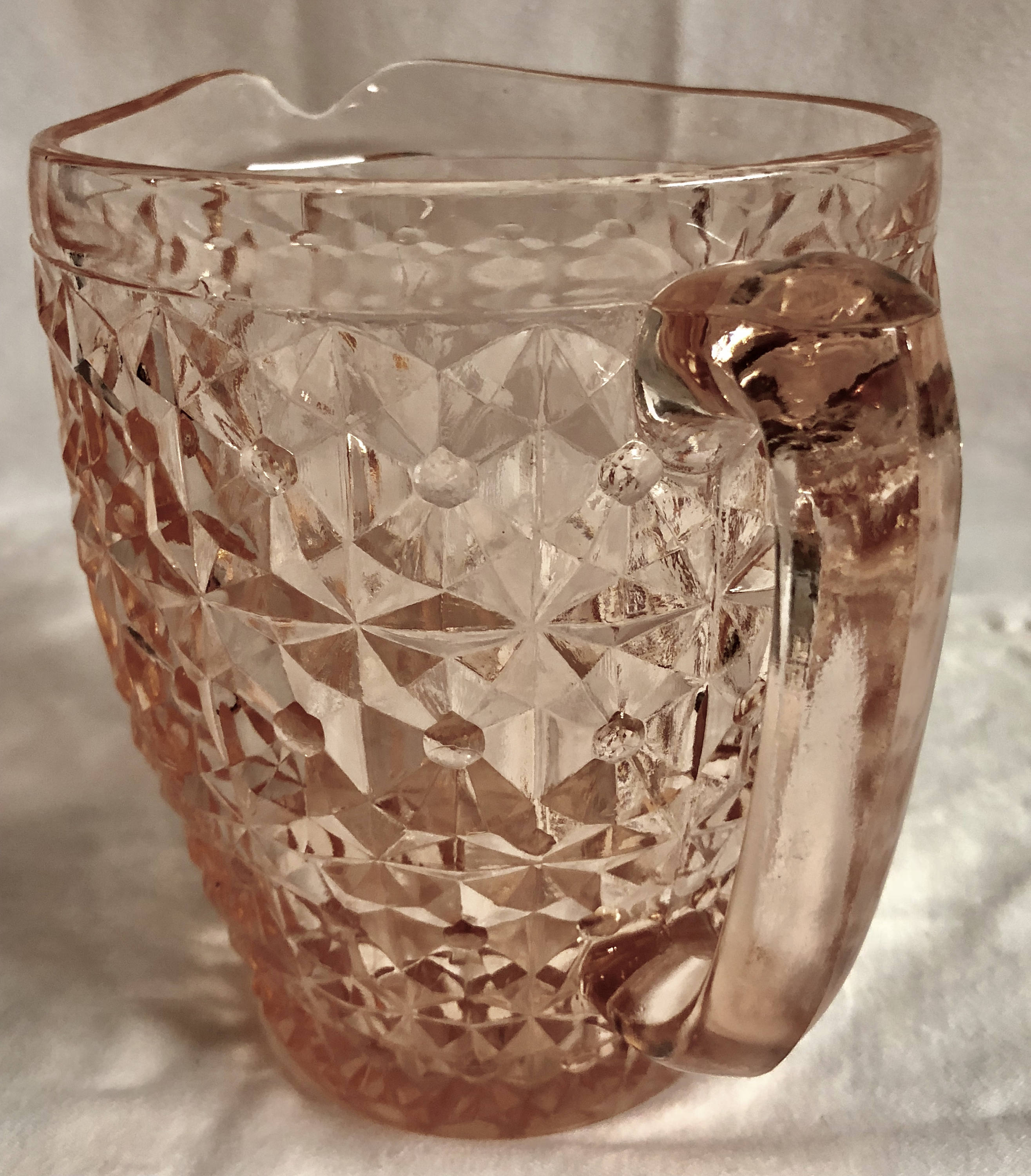 Antique Blush Pink 'Holiday' Buttons and Bows Depression Glass Pitcher