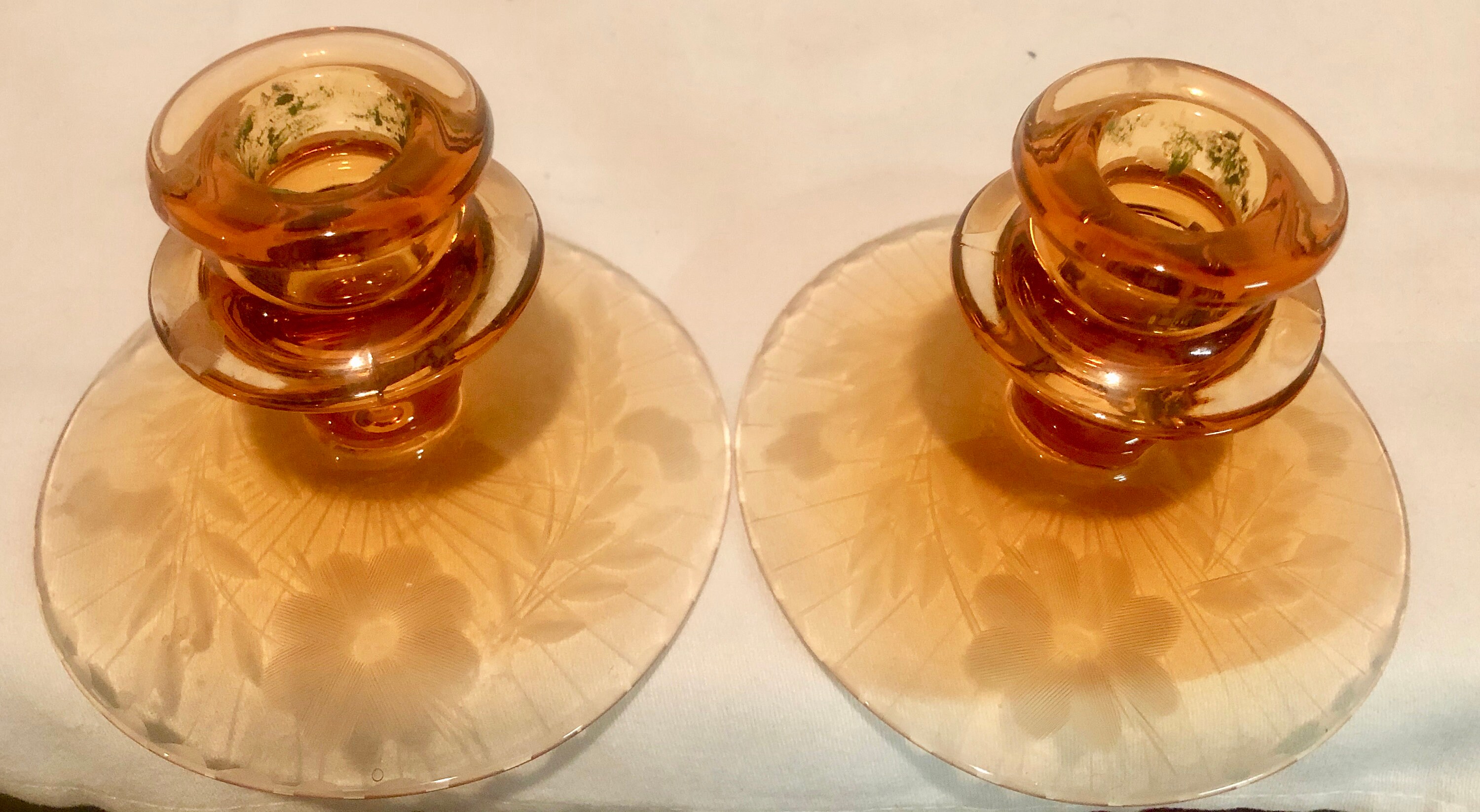 Vintage Amber Etched Depression Glass Candlesticks Pair of Two