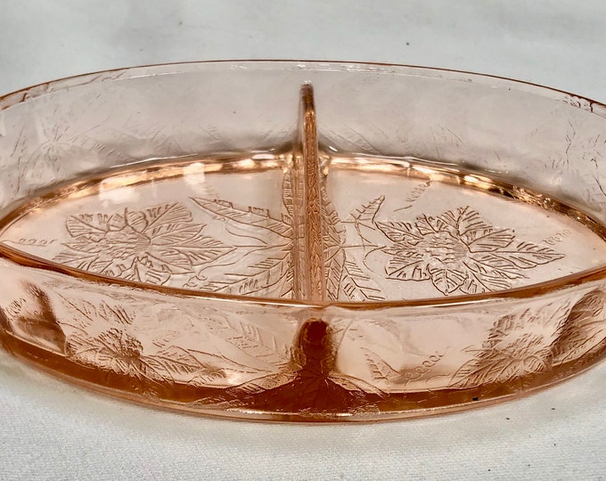 Vintage Blush Pink Depression Glass Divided Serving Dish- Pattern "Passiflora (Passion Flower) Floral" by Jeannette Glass Co 1931-1934