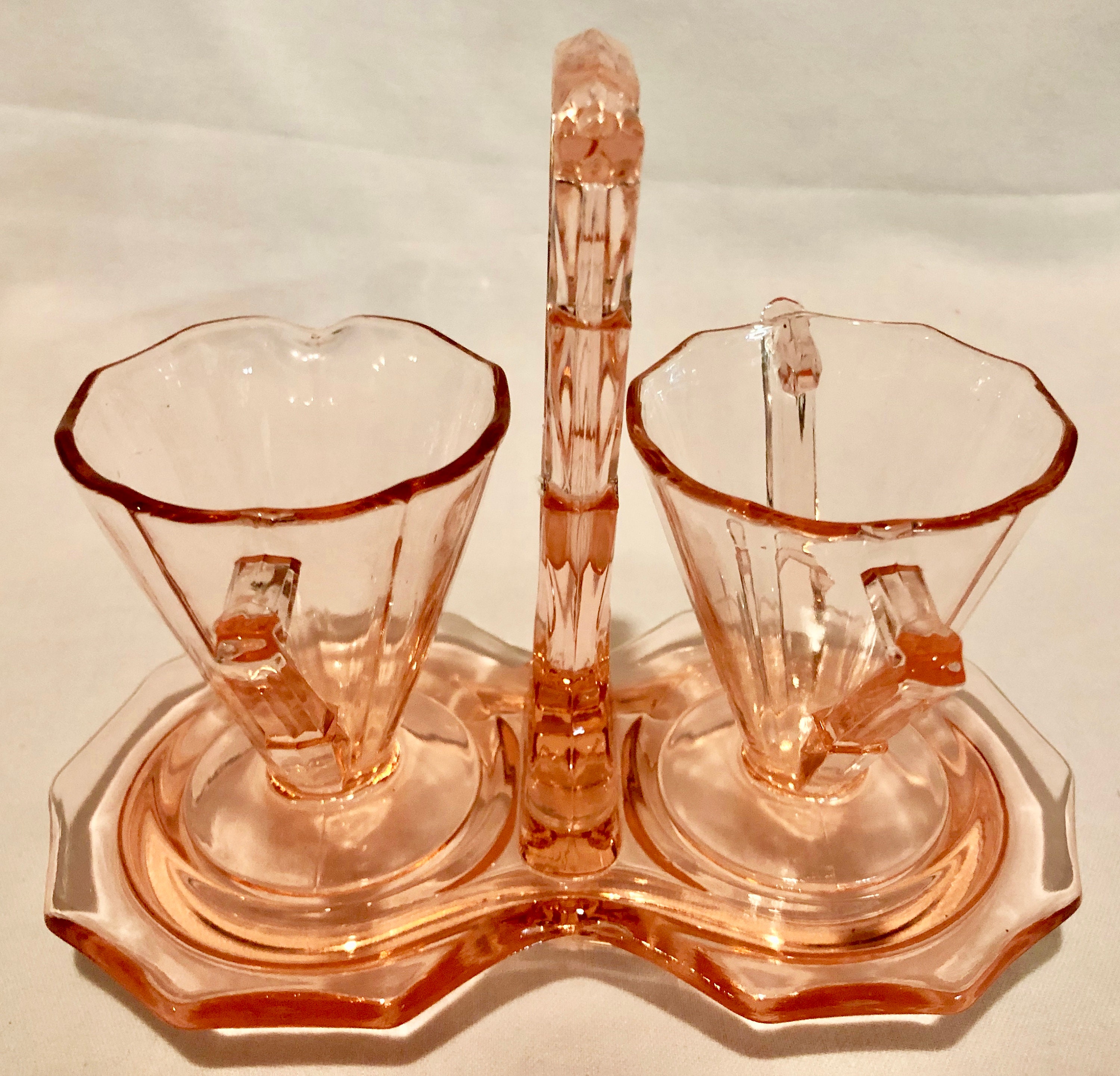 Vintage Blush Pink Depression Glass Sugar and Creamer Set with Carrier