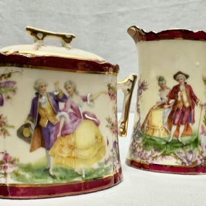 Antique Porcelain Sugar and Creamer Set, Courting Scene, Germany