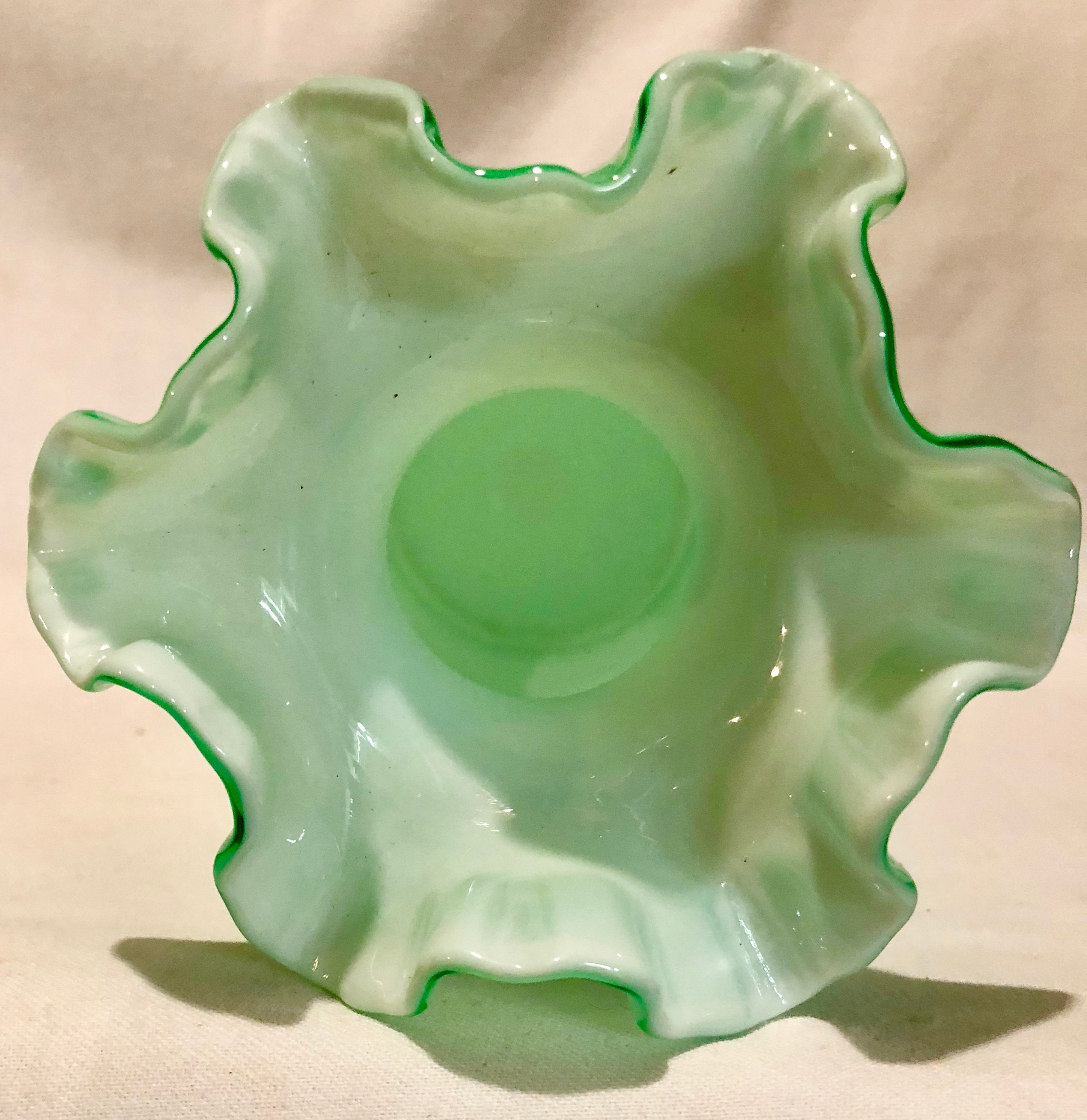 Antique Fenton Mint Green Floral Scrolled Glass Vase with Ruffled Edge