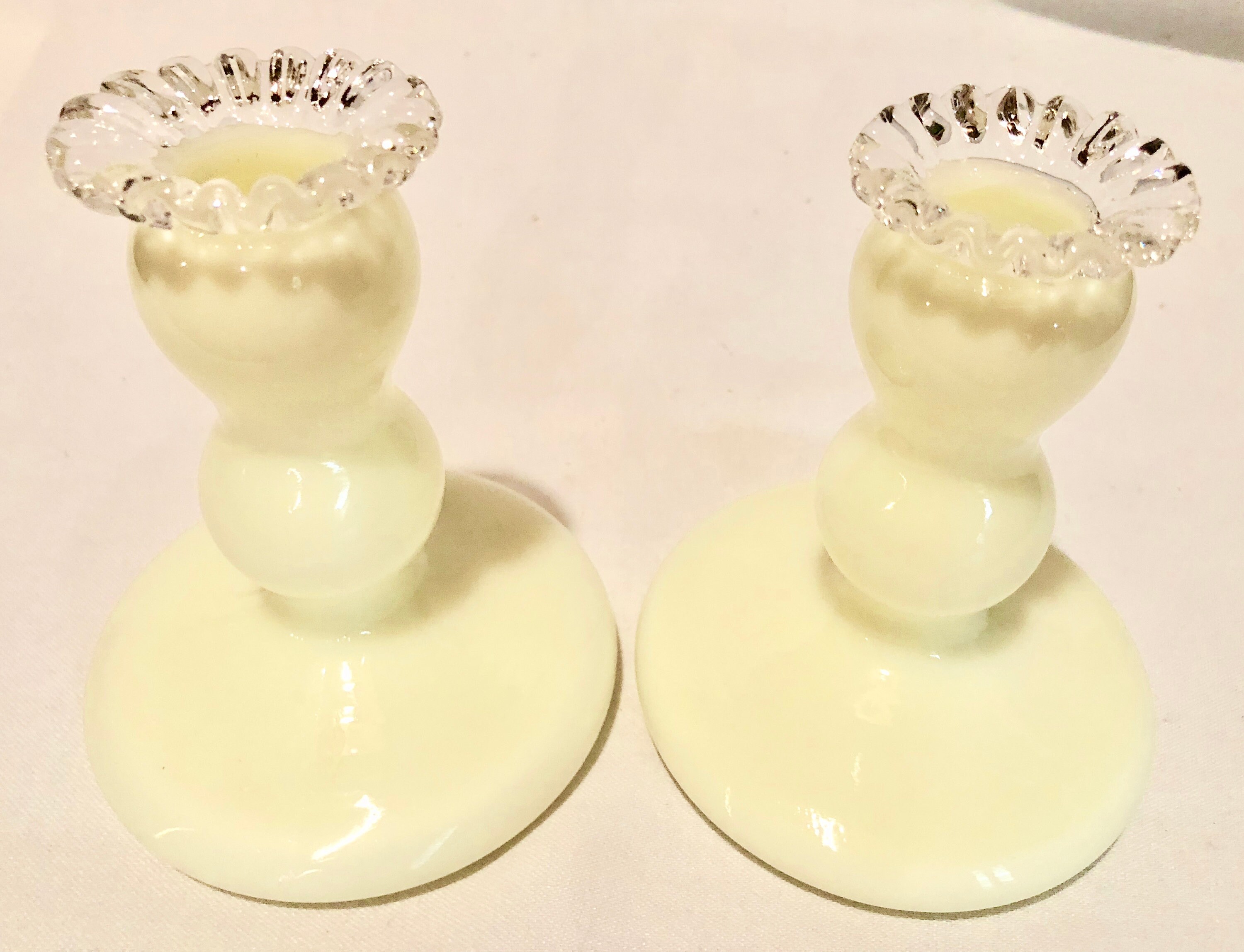 Vintage Butter Yellow Glass Candlesticks with Clear Glass Ruffled Edge