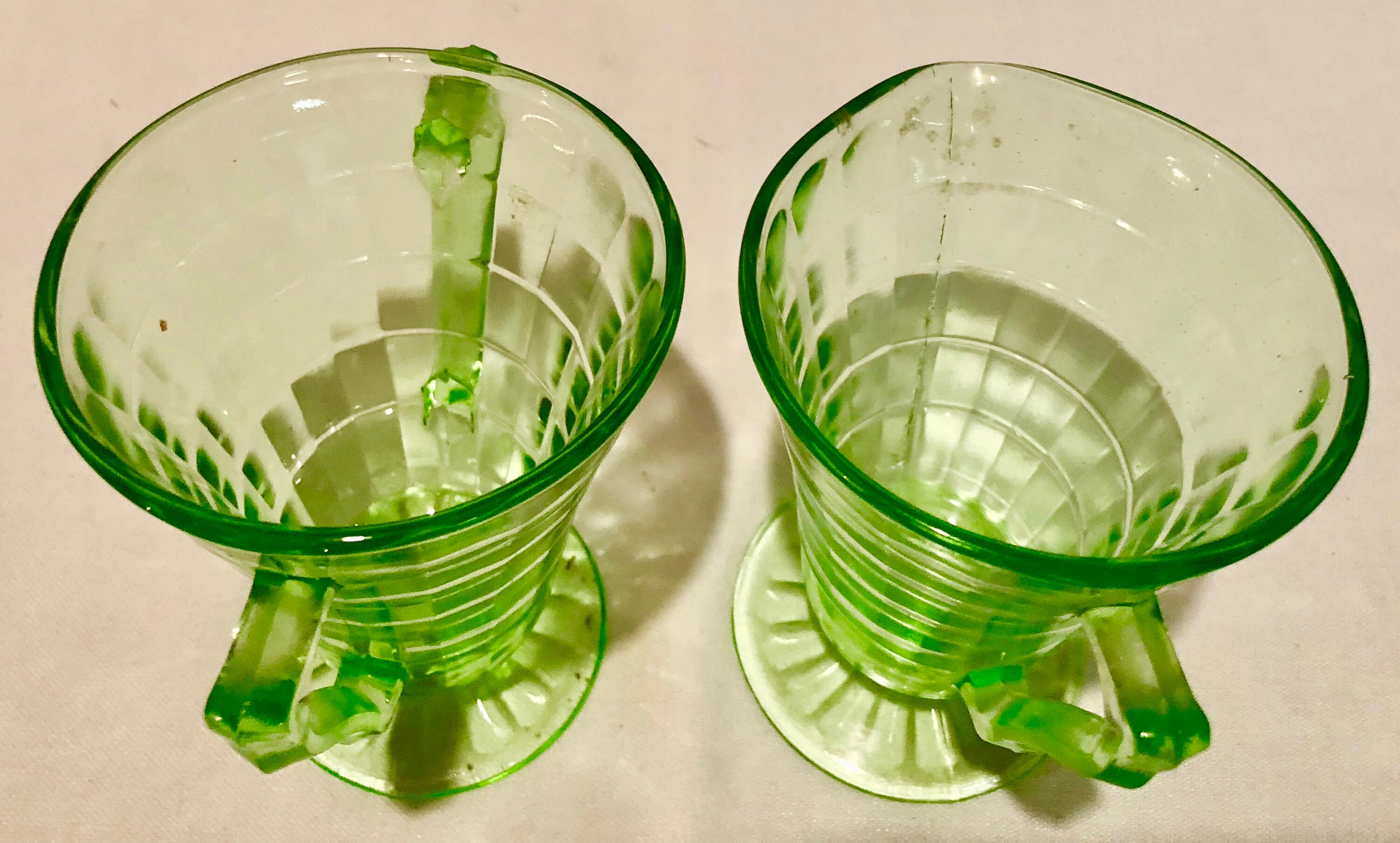 Green Depression Glass Sugar and Creamer Set with Ribbed Pattern