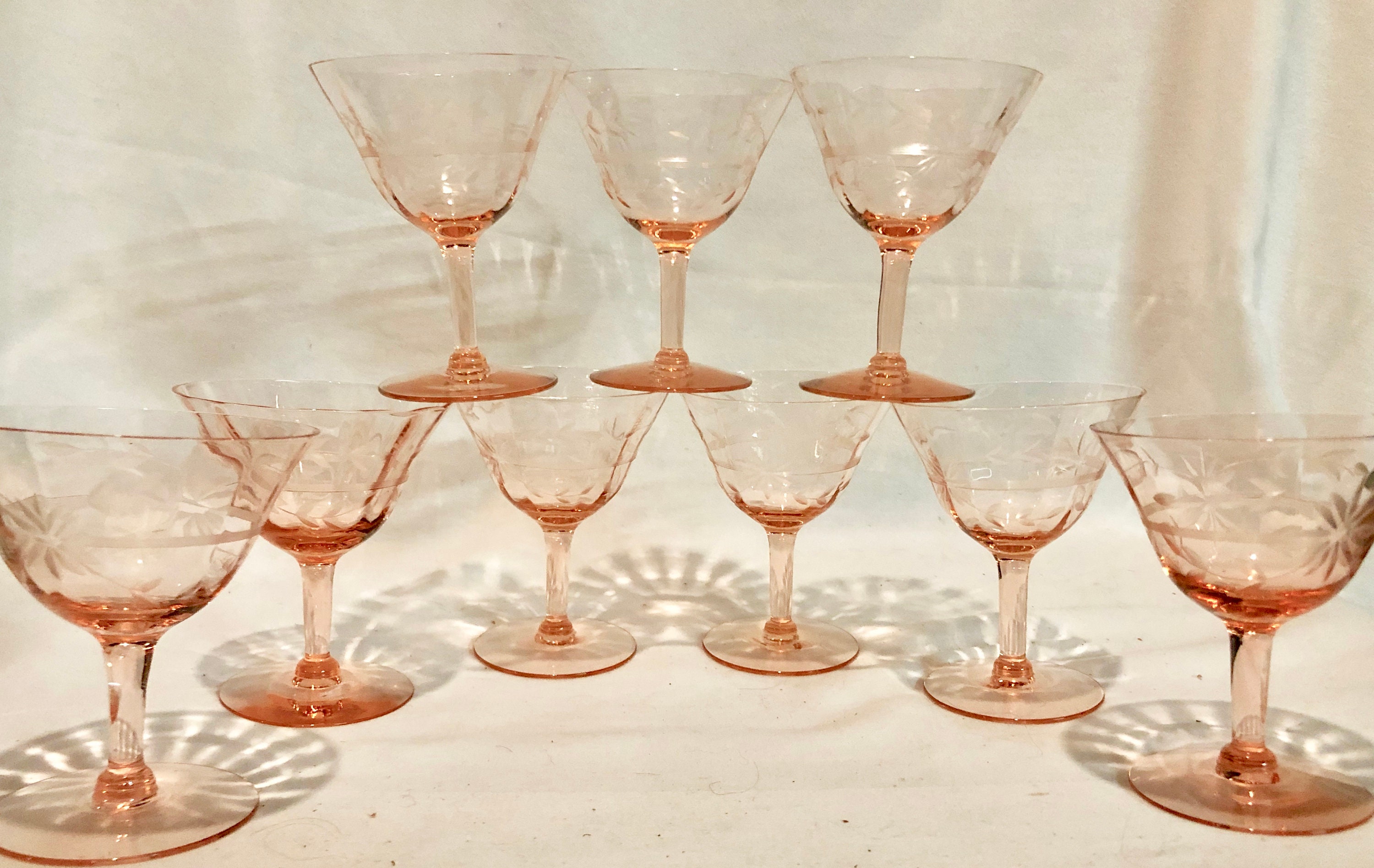 Vintage Amber Crystal Wine Glasses with Etched Floral Pattern