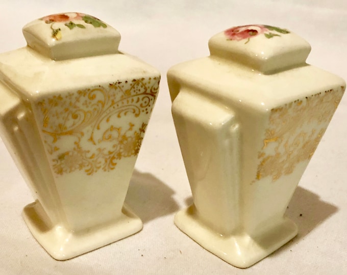 Vintage Artdeco Style Cream Ceramic Salt & Pepper with Gold Filagree and Rose design