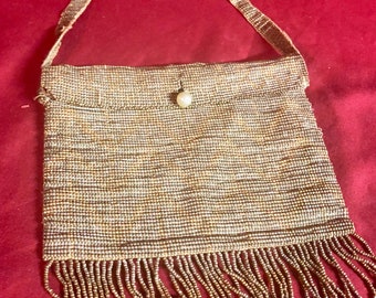 Ladies Silver & Gold Beaded Vintage Evening Bag/Purse- Made in France