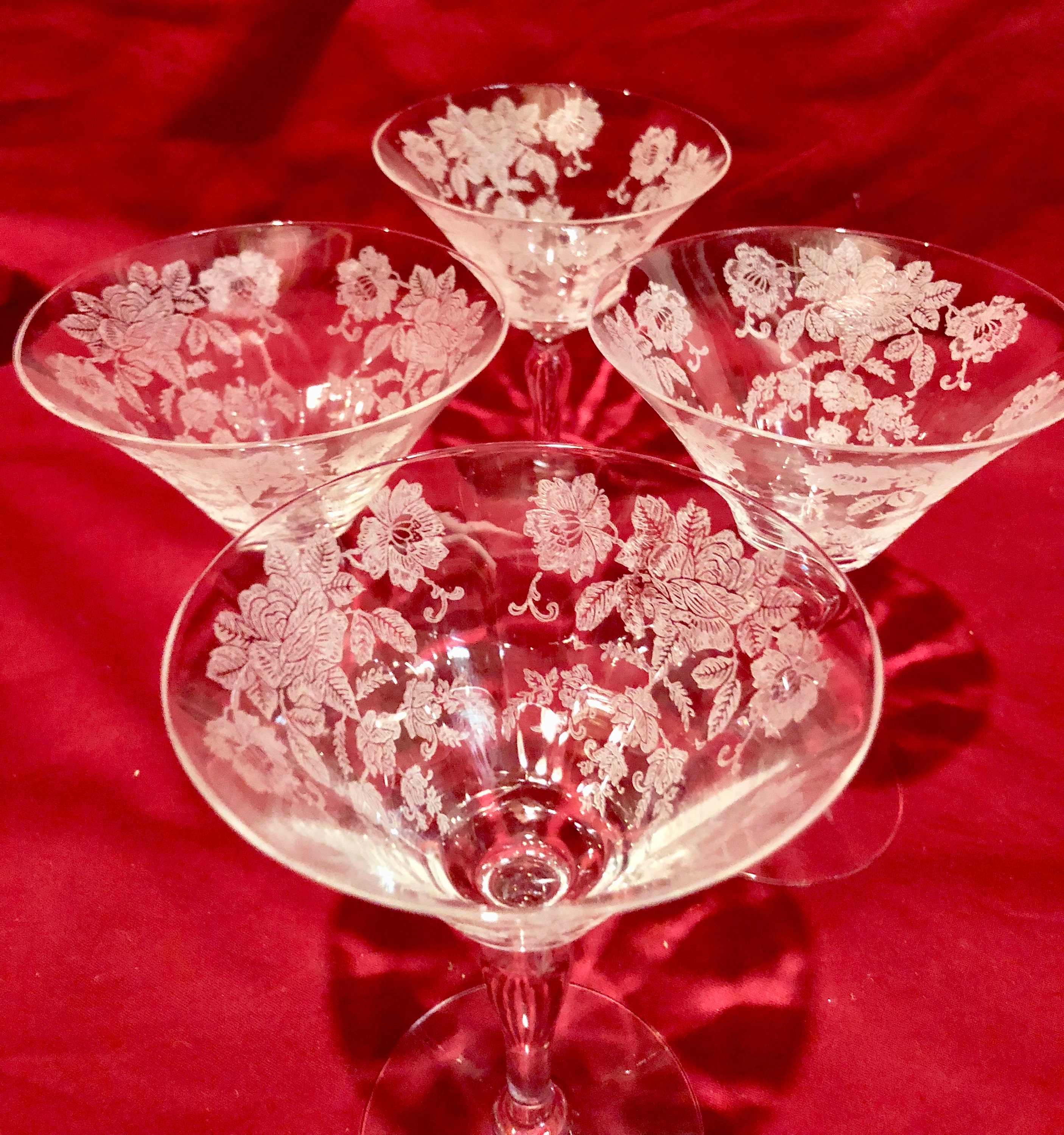 Vintage Clear Glass Cocktail/Martini Glasses with Frosted White Floral