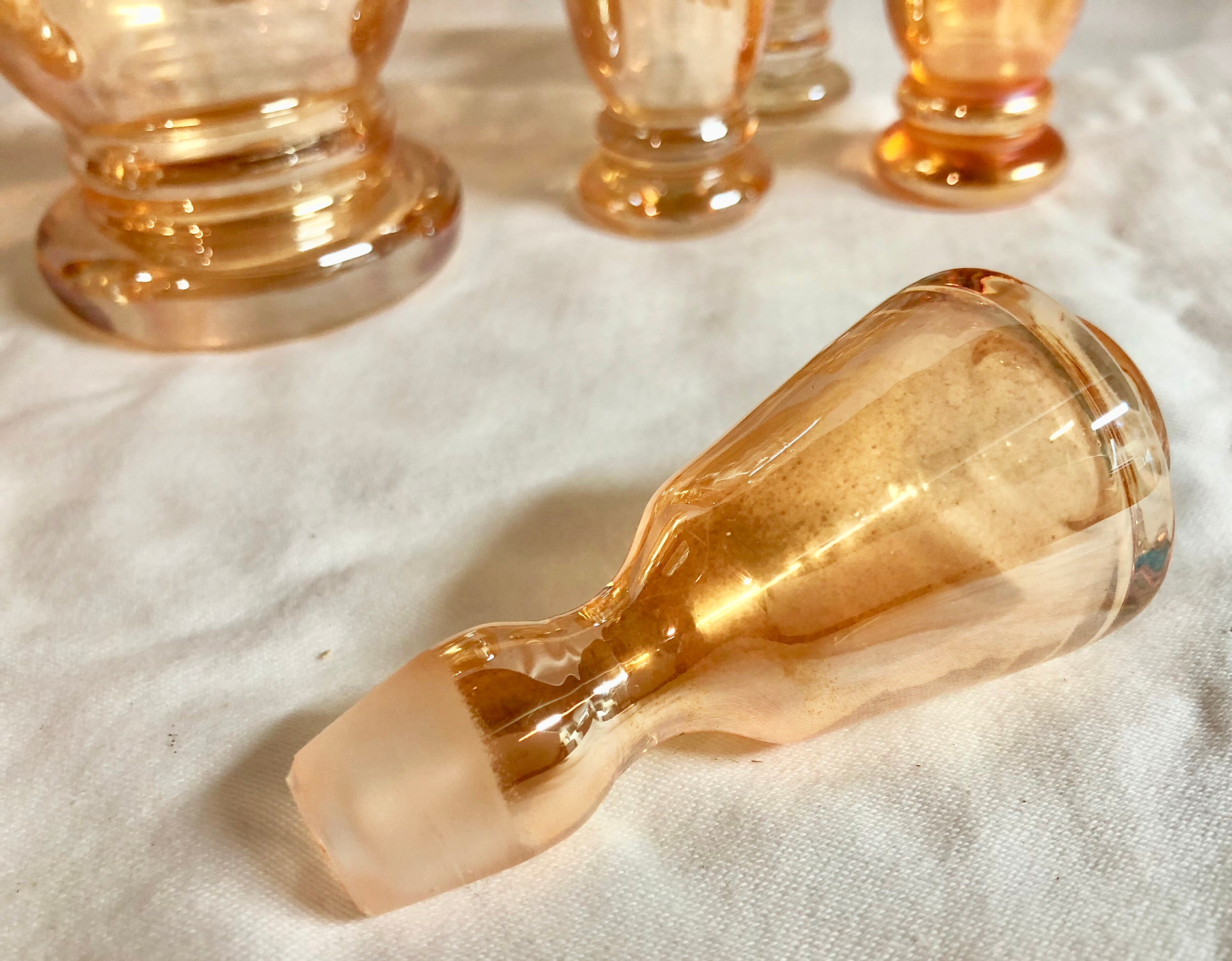 RESERVED for RICK Amber Gold Iridescent Carnival Glass Decanter and Set