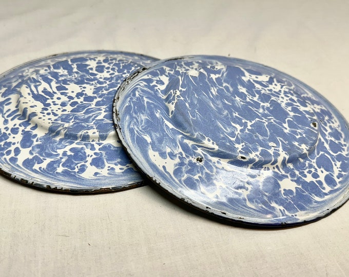 Vintage Blue/White Enamelware/Graniteware Plates-Set of Two