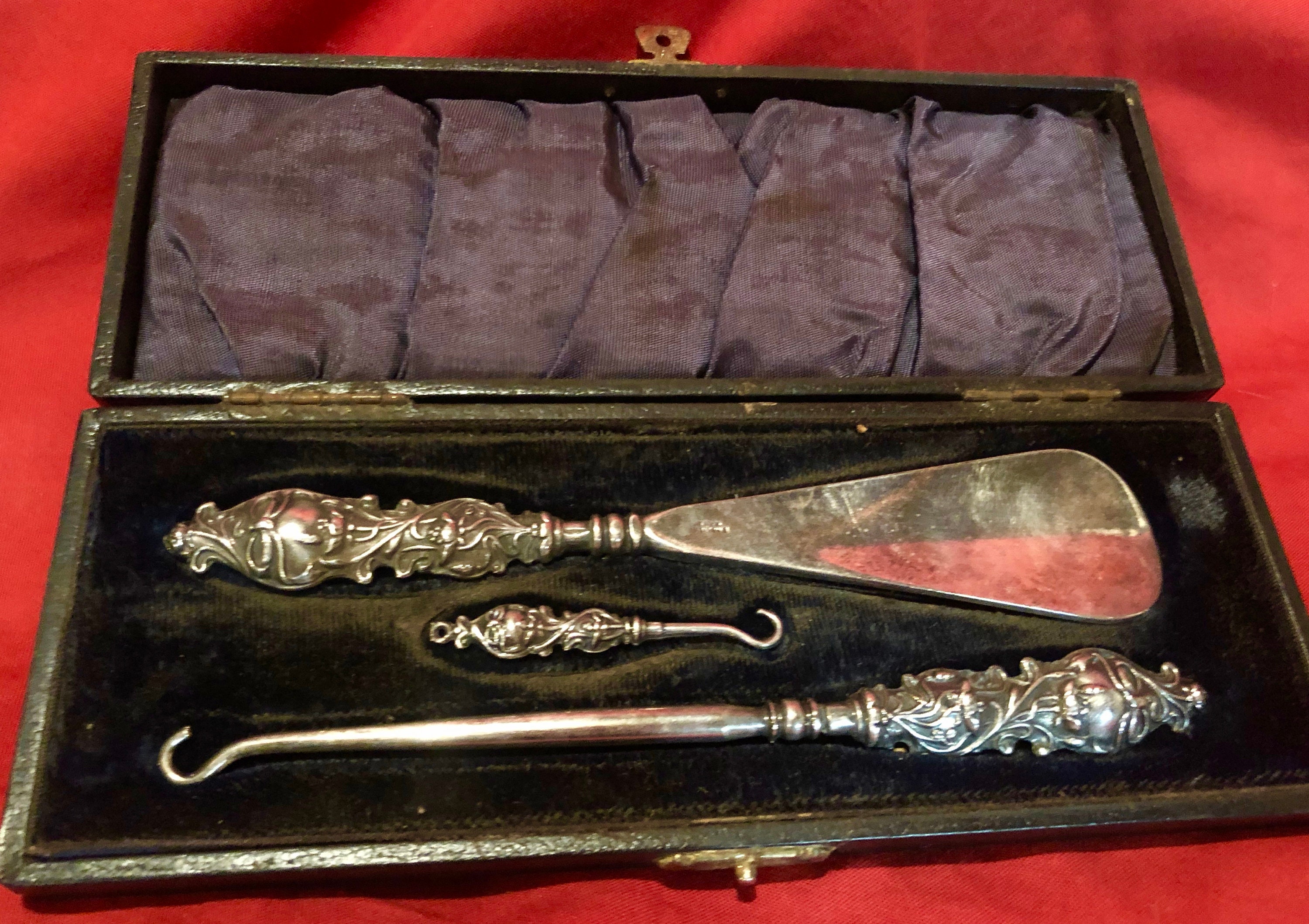 Antique Victorian Silver Three Piece Travel Size Grooming Set, Original