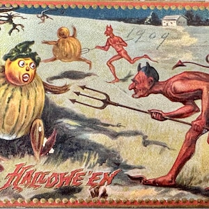 May include: Vintage Halloween postcard illustration featuring a pumpkin-headed figure, devils, and the text "Halloween". The artwork is set against a landscape with a house and the year 1909.