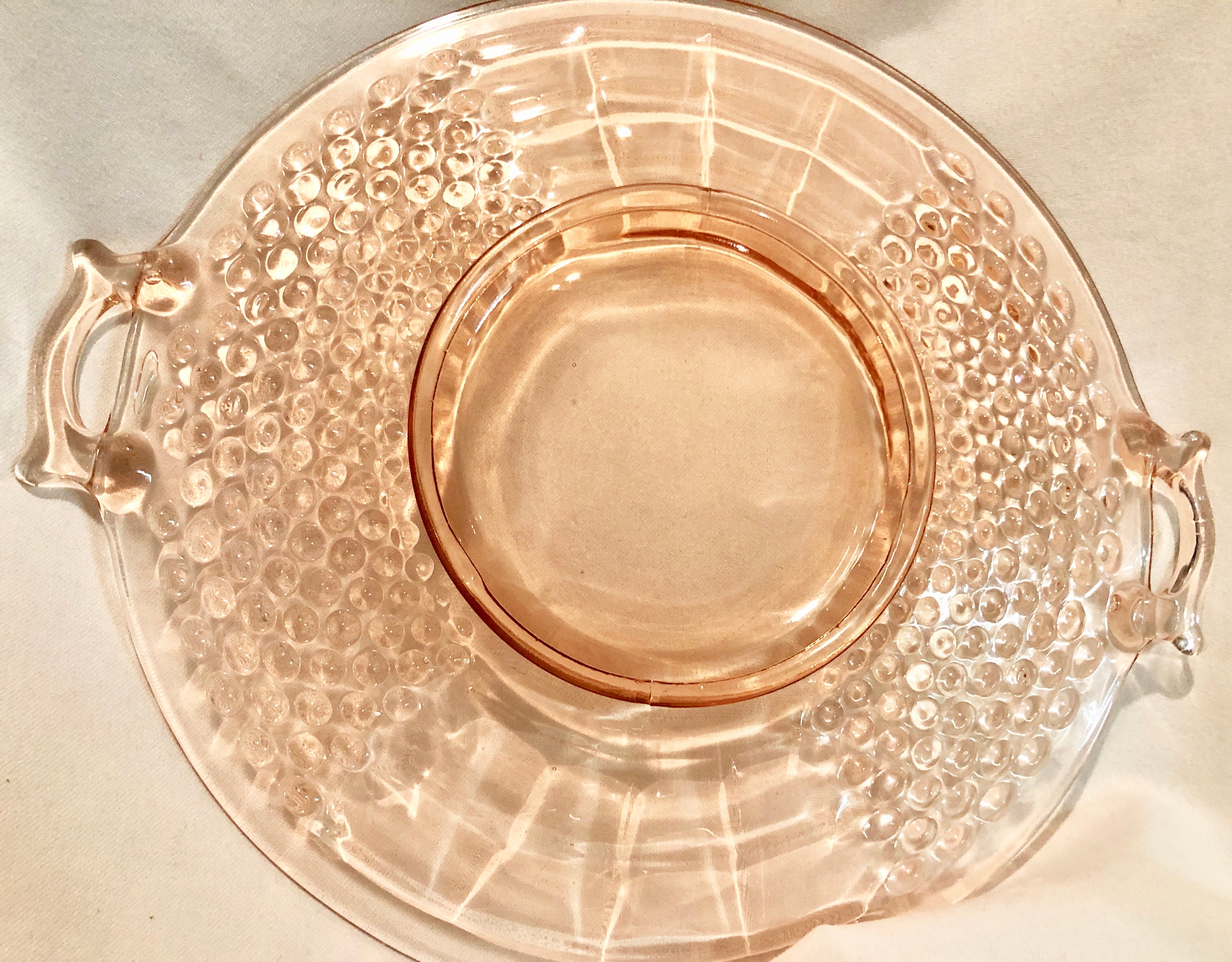 Vintage Blush Pink Depression Glass Bubble Serving Plate with Handles