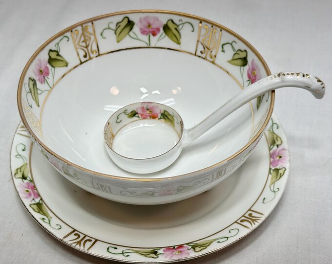 Antique Nippon Three Footed Soup Bowl with Plate and Spoon, Nippon, Japan, Circa 1891-1921