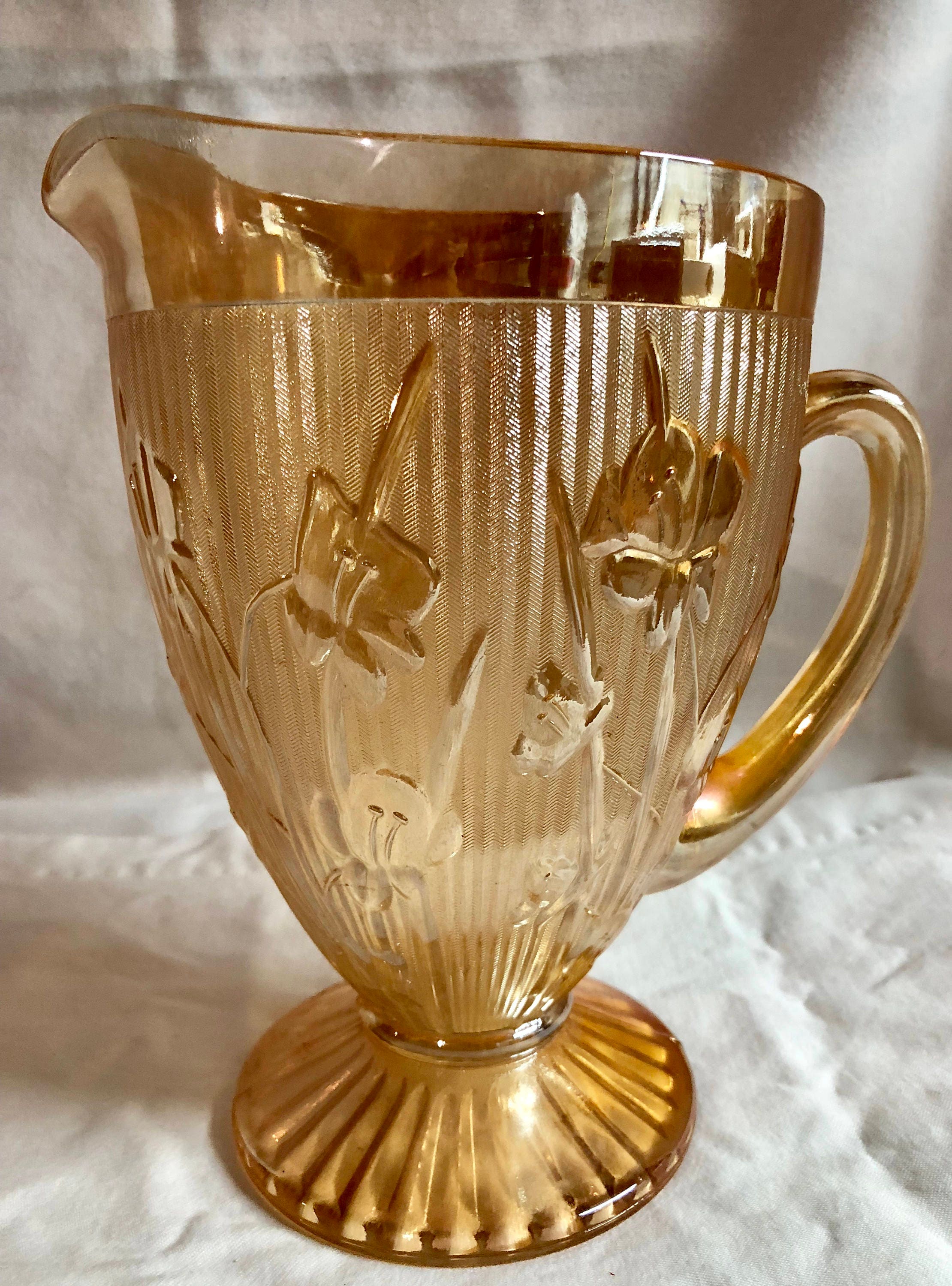 antique-iris-and-herringbone-marigold-carnival-glass-pitcher