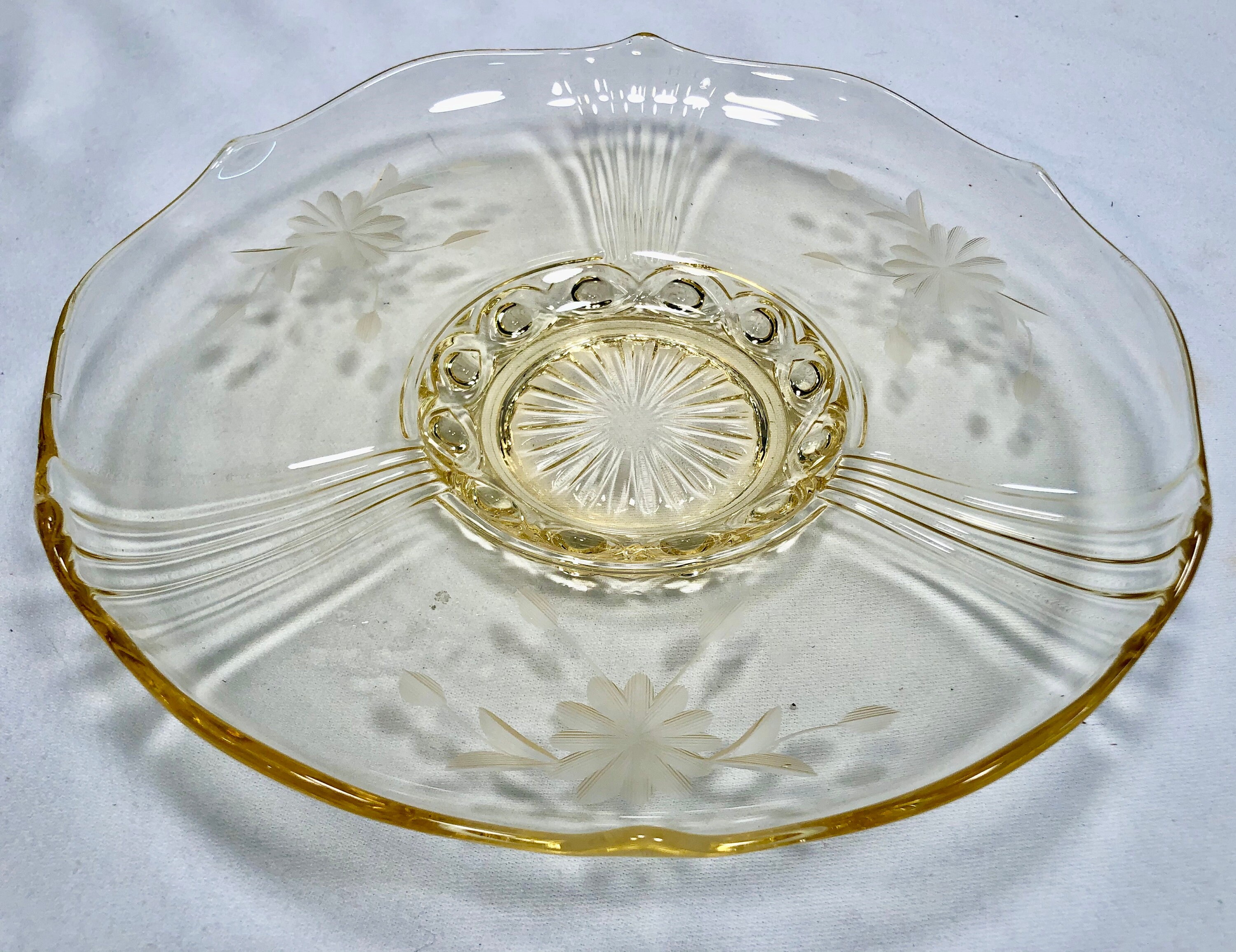 Vintage Small Etched Floral Yellow Depression Glass Serving Dish/Cake Plate