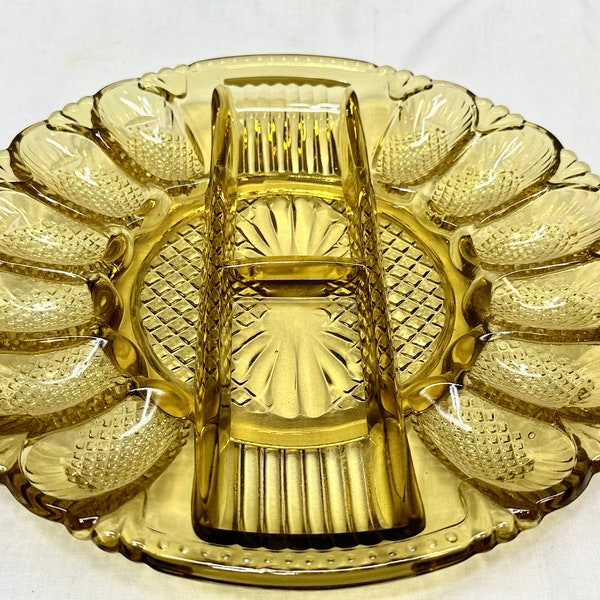 Vintage Golden Yellow Glass Deviled Egg Serving Plate- Holds One Dozen