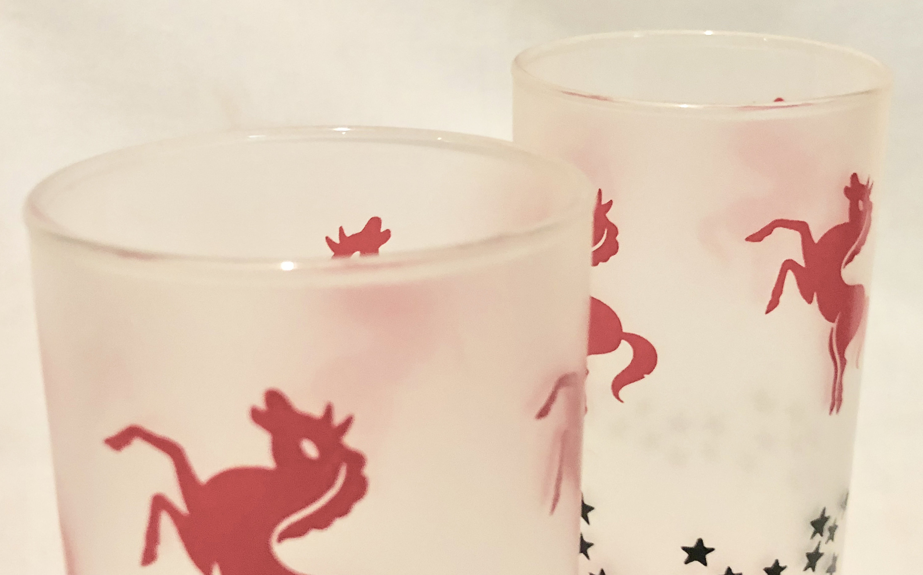 Vintage Frosted Libbey Drinking Glasses with Red Horses and Black Stars