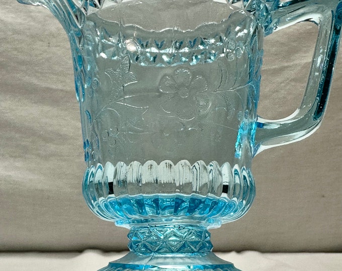 Vintage Clear Blue Depression Glass Footed Creamer/Pitcher with Floral Pattern