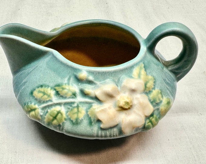 Vintage Roseville Pottery Teal Blue White Rose Design Pottery Creamer Roseville Pottery USA, # 1 C