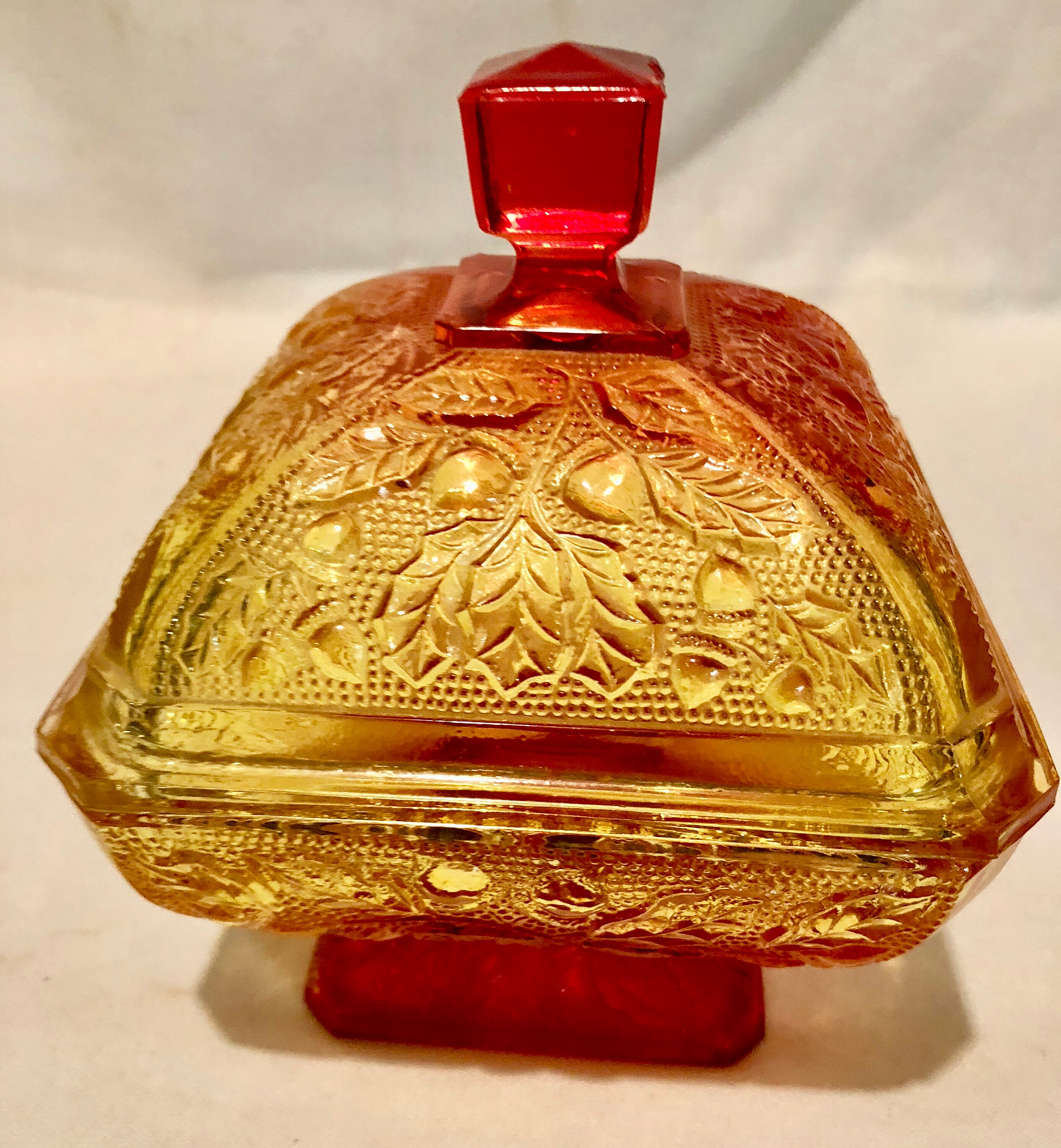 Download Vintage Amberina Square Shaped Depression Glass Footed/Lidded Dish with Acorn and Leaf Pattern
