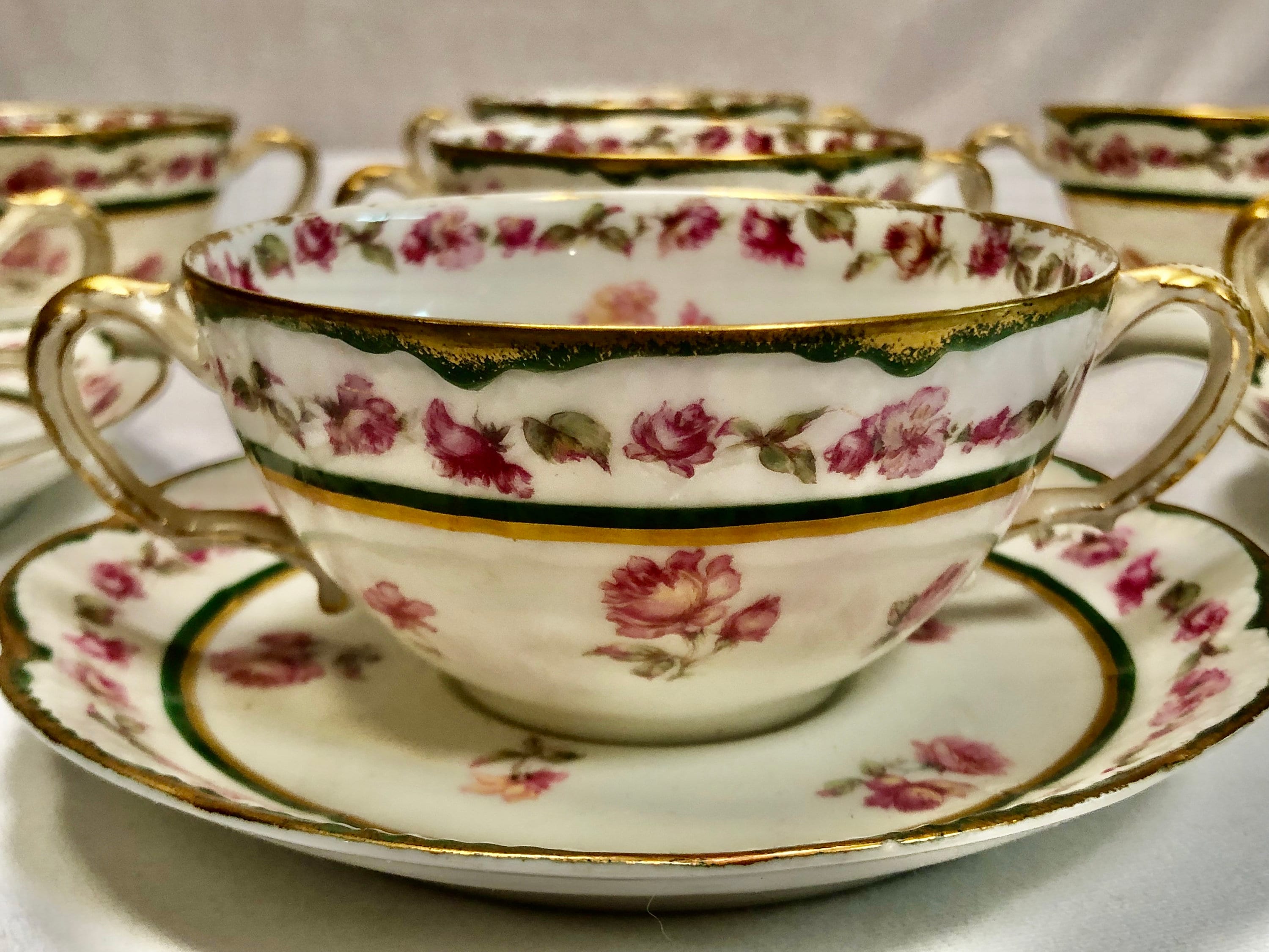 Vintage Haviland Limoges 2 Handle Tea Cups and Saucers Set of 7 cups/8 saucers, Haviland France