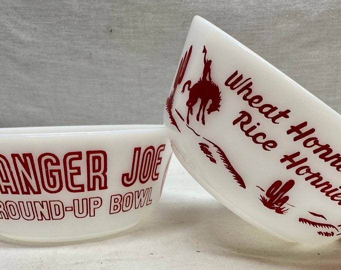 Vintage Ranger Joe Round Up Children’s White Milk Glass Cereal/Ice Cream Bowl,Hazel Atlas Glass Co,Set of Two