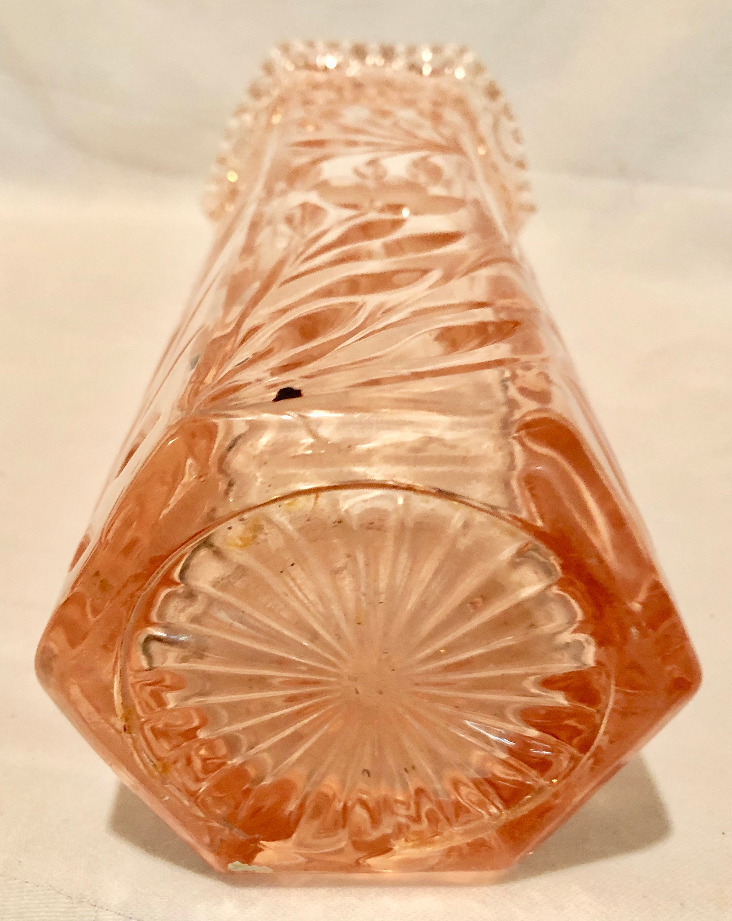 Blush Pink Depression Cut Glass Vase with Floral/Tic Tac Toe Pattern