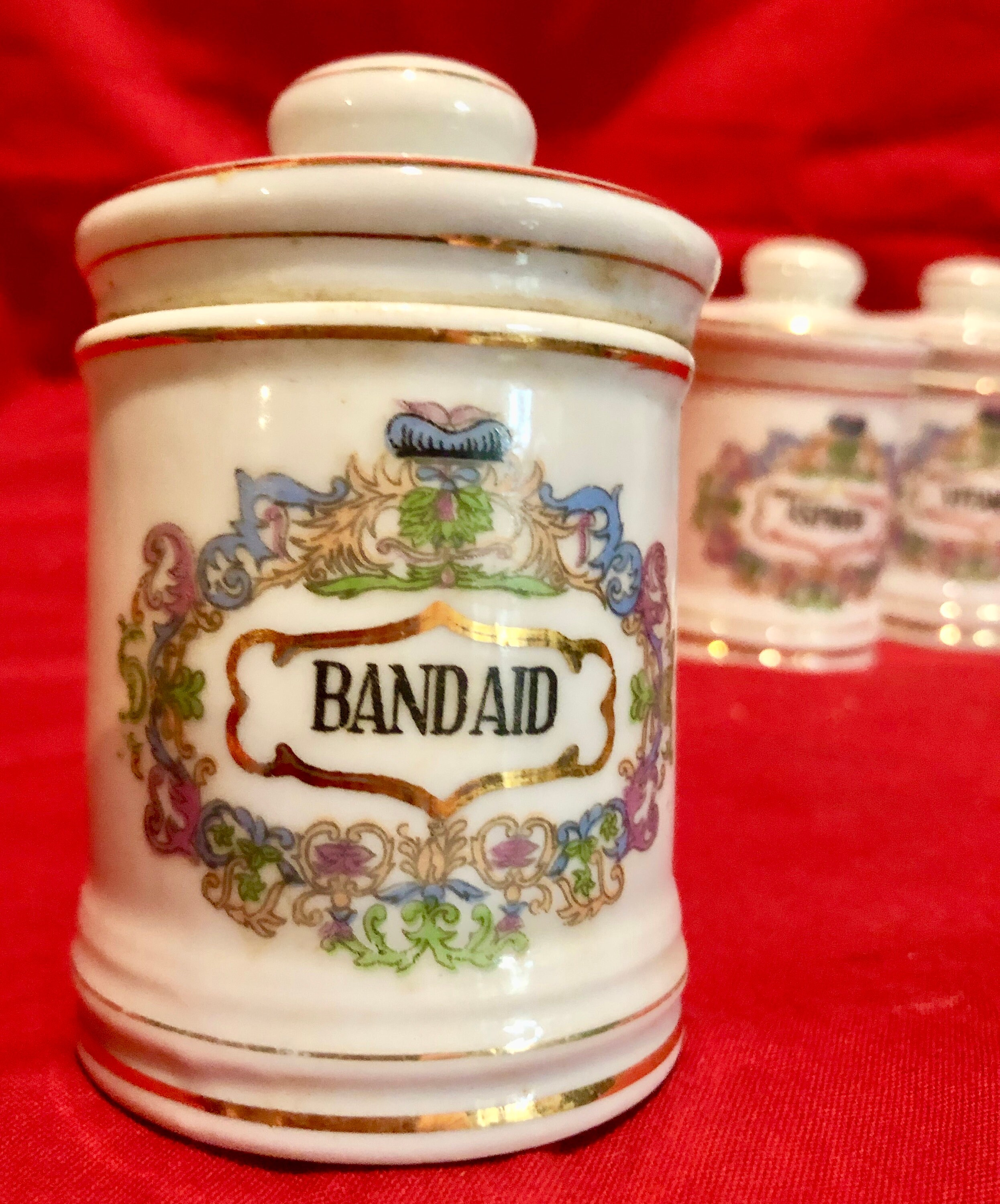 Vintage Porcelain Apothecary Jars with Lids Aspirin/Bandaid/Vitamin. Set of Three.