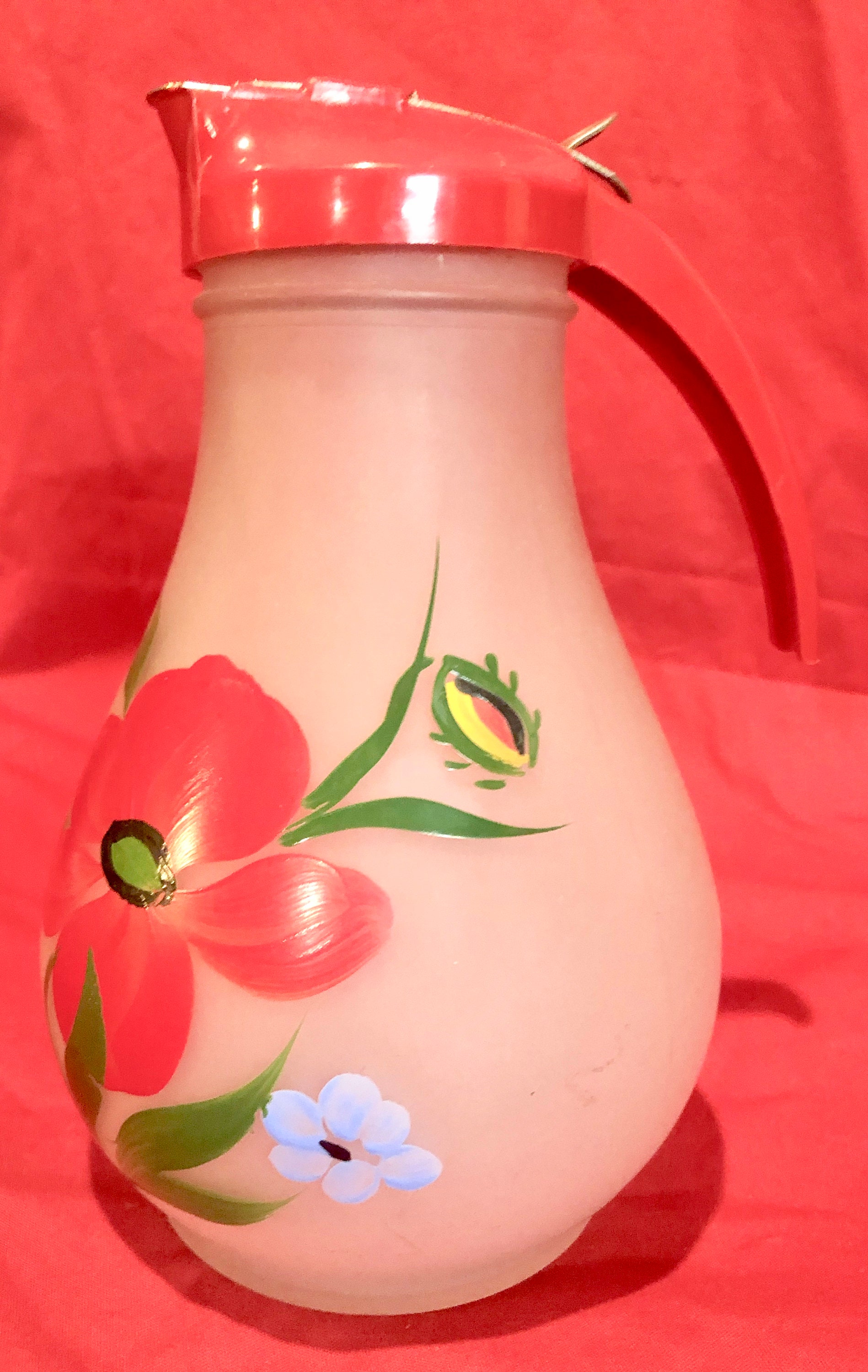 Vintage Large White Frosted Glass Syrup Dispenser/Pitcher,Hand Painted