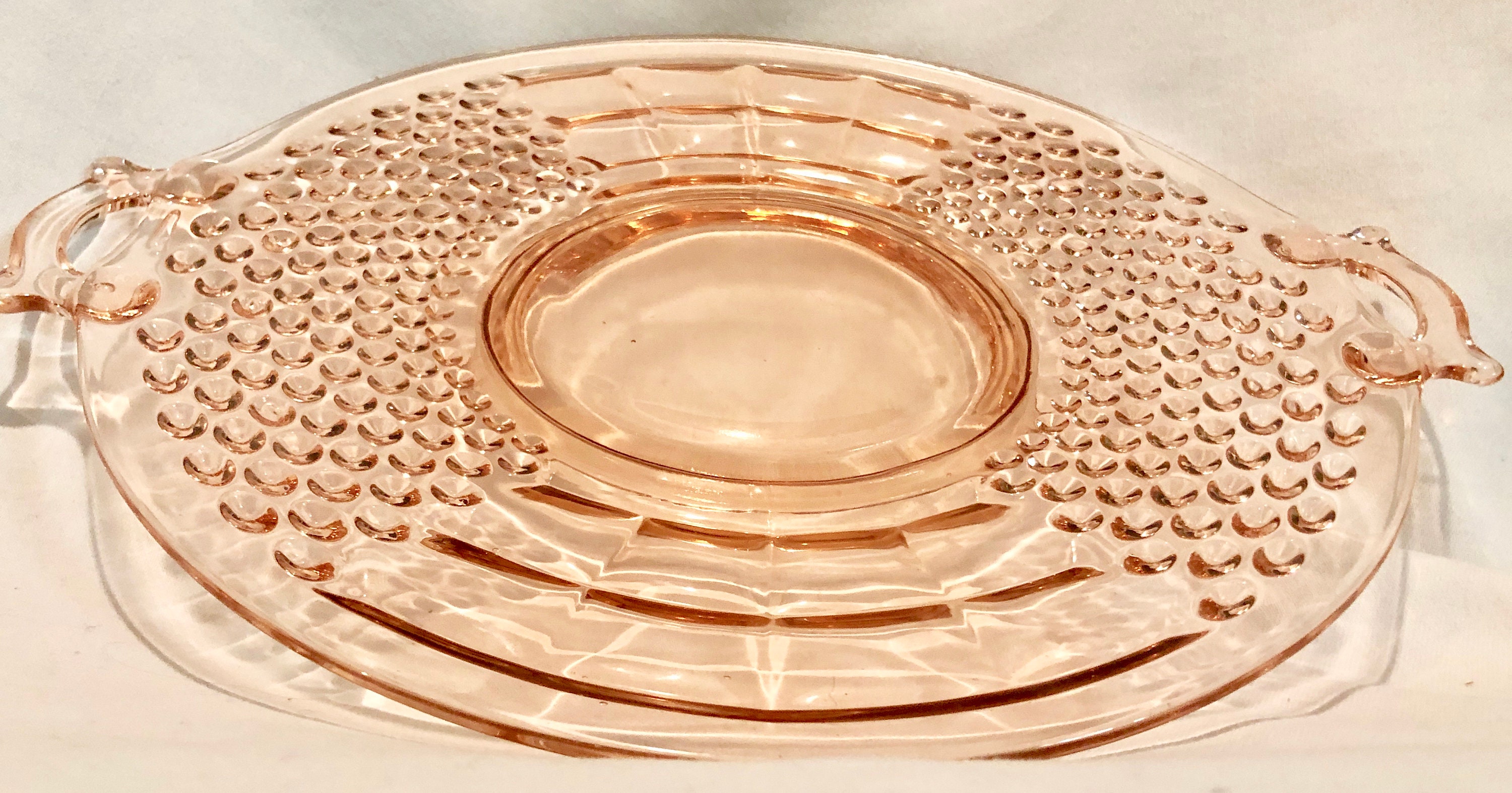 Vintage Blush Pink Depression Glass Bubble Serving Plate with Handles