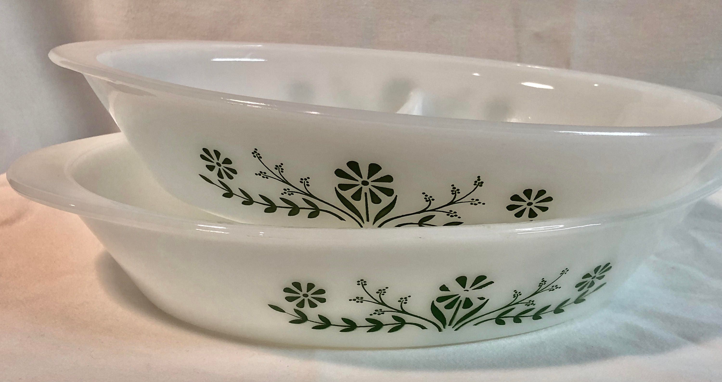 McKee Glasbake Divided Serving Bowls Green Floral Set of Two