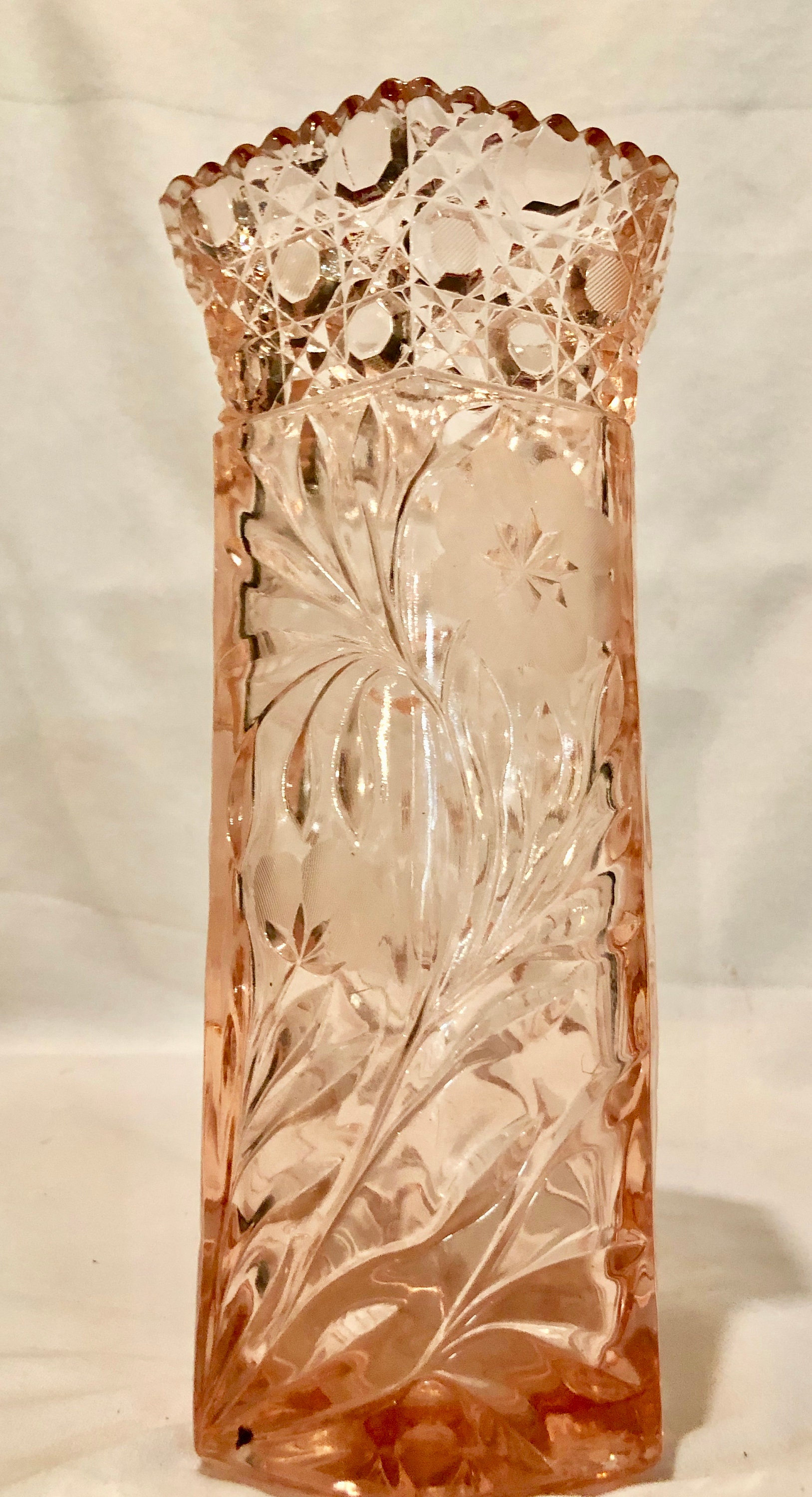 Blush Pink Depression Cut Glass Vase with Floral/Tic Tac Toe Pattern