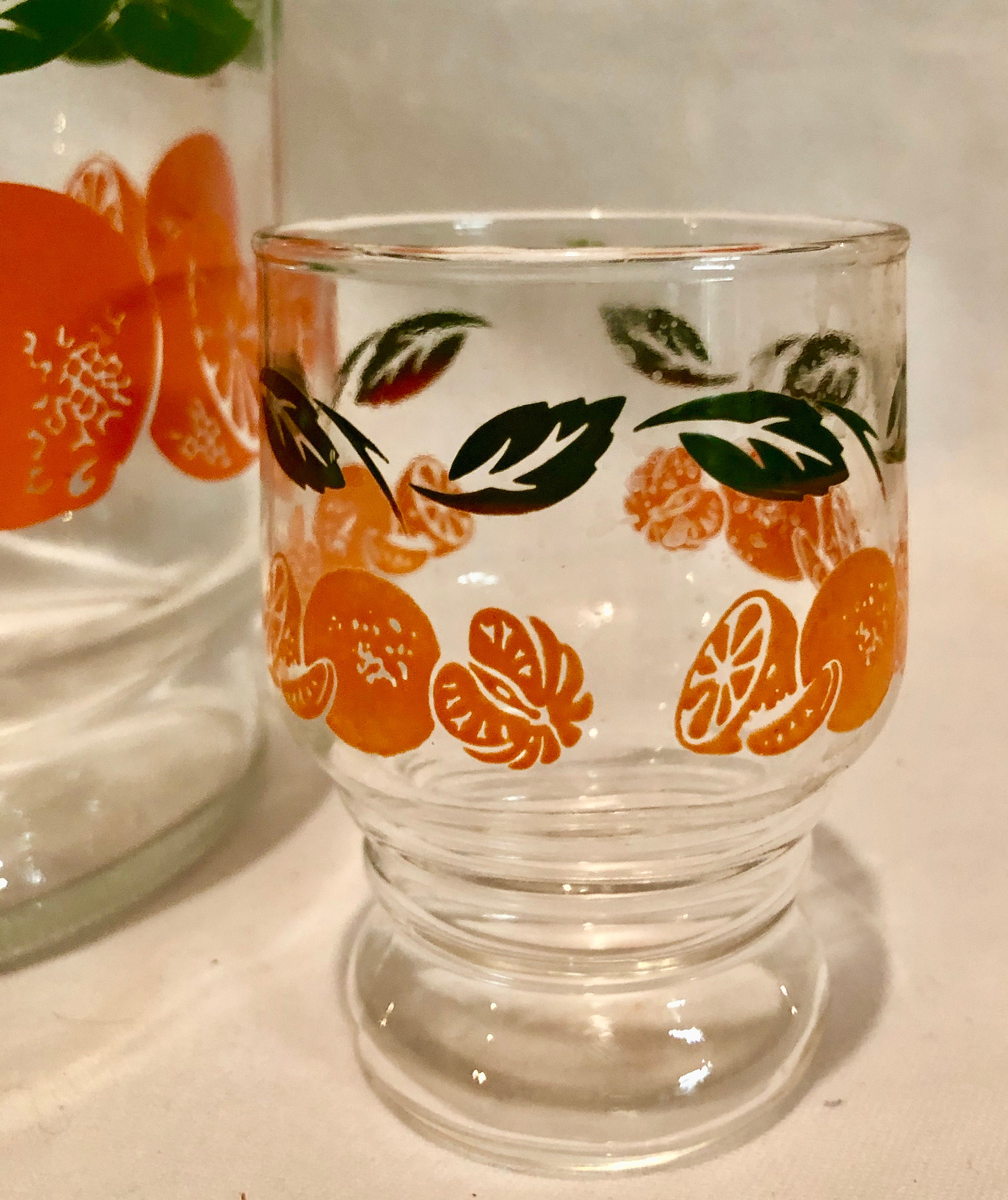 Anchor Hocking Glass Orange Juice Carafe and Two Glasses