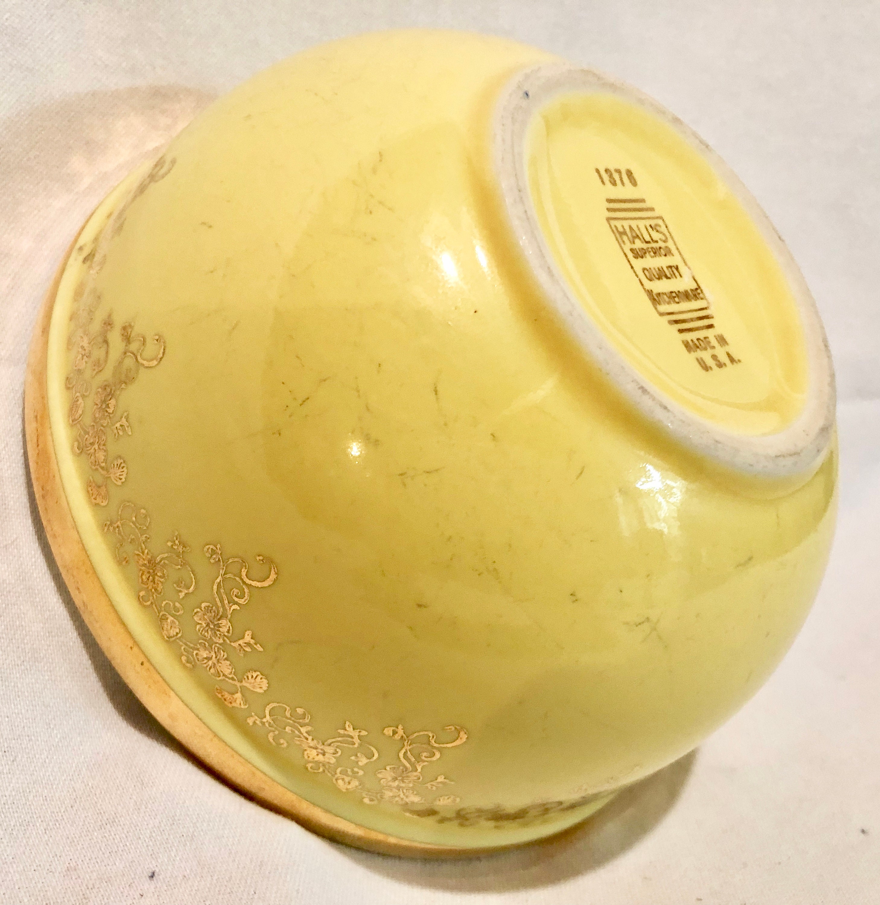 Halls Pottery Vintage Yellow Serving Bowl with Gold Floral Edging 1376, Made in USA