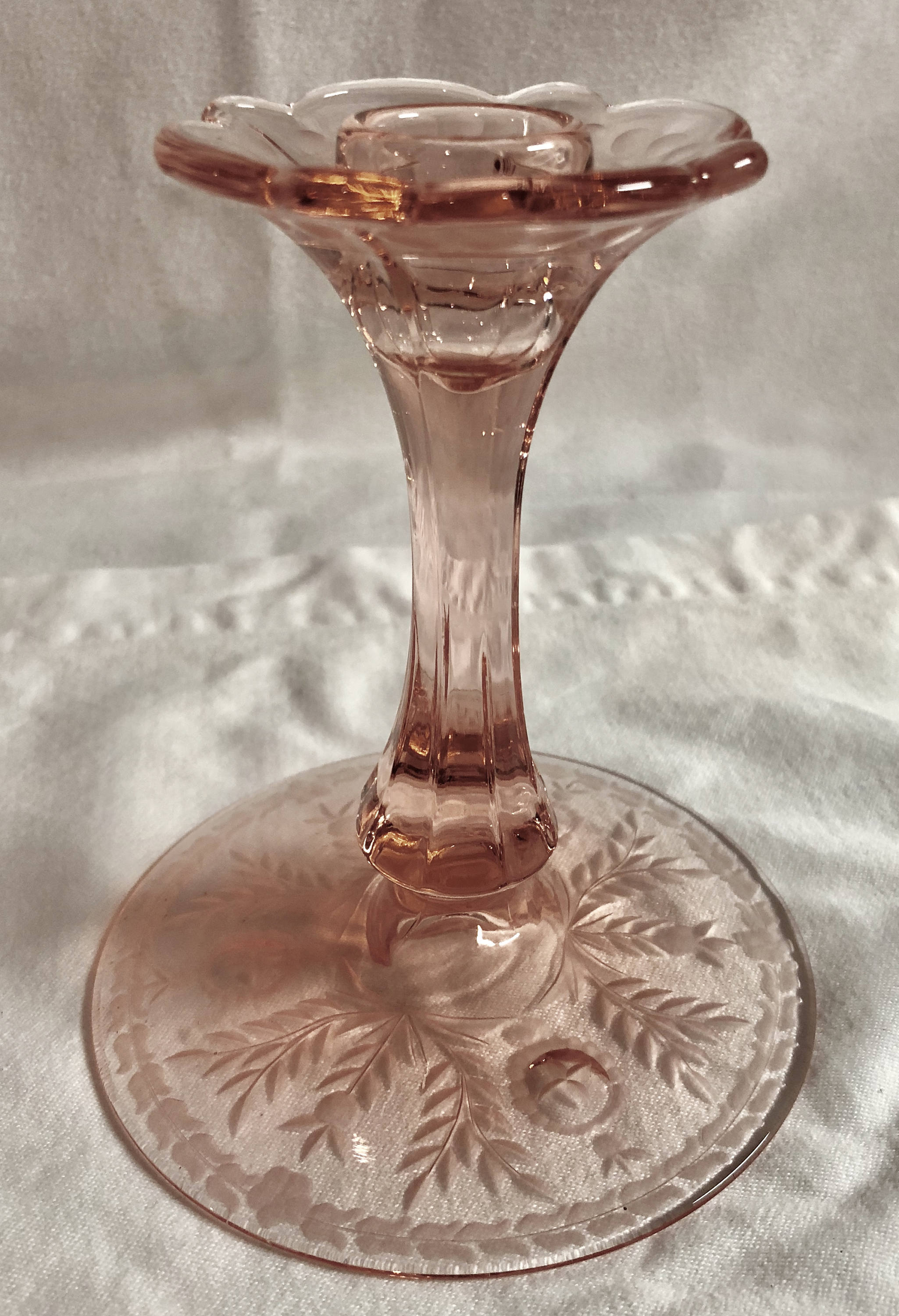 Antique Blush Pink Depression Glass Candlestick Holder with Delicate