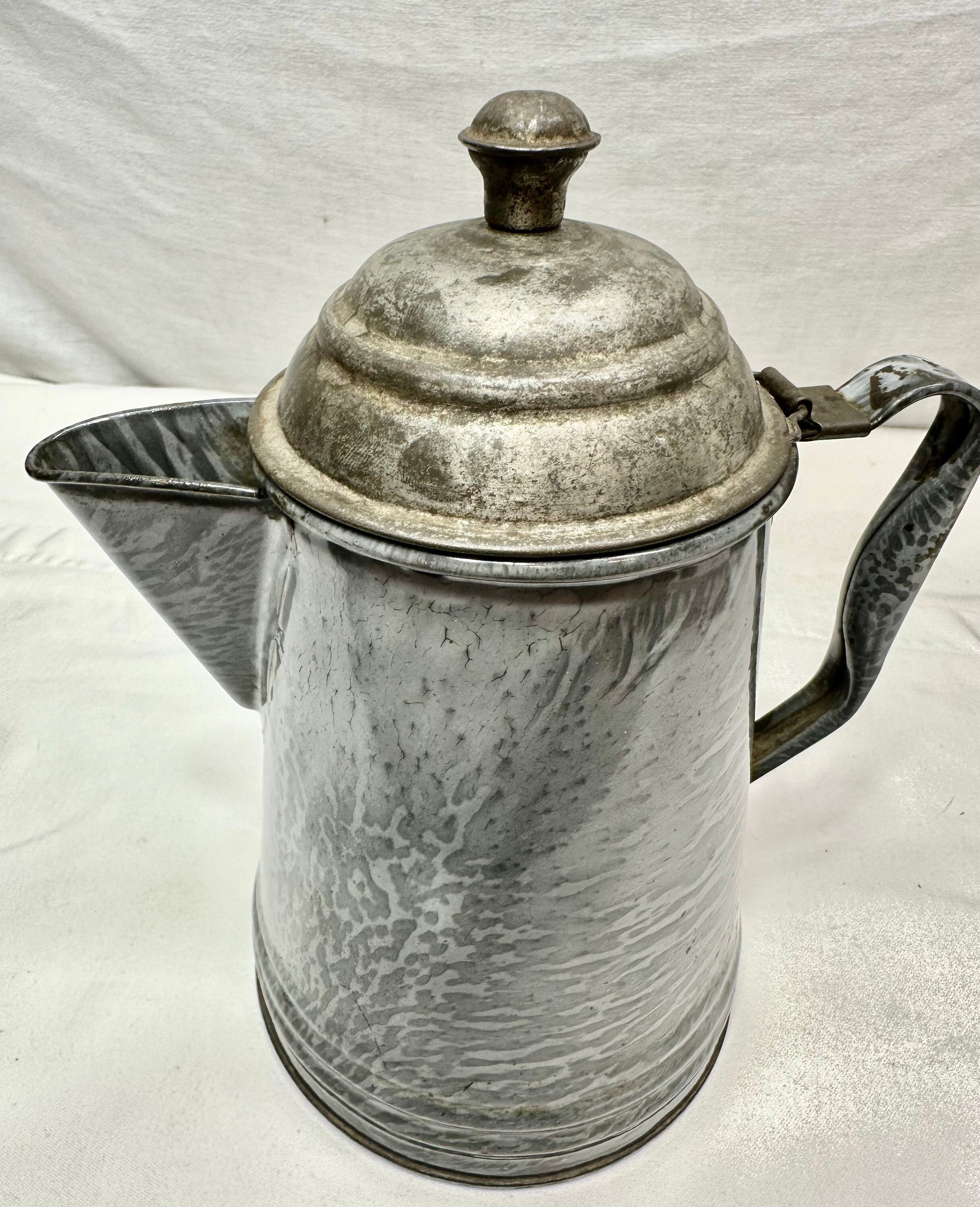 vintage camp coffee pot, storm grey enamel ware steel coffeepot
