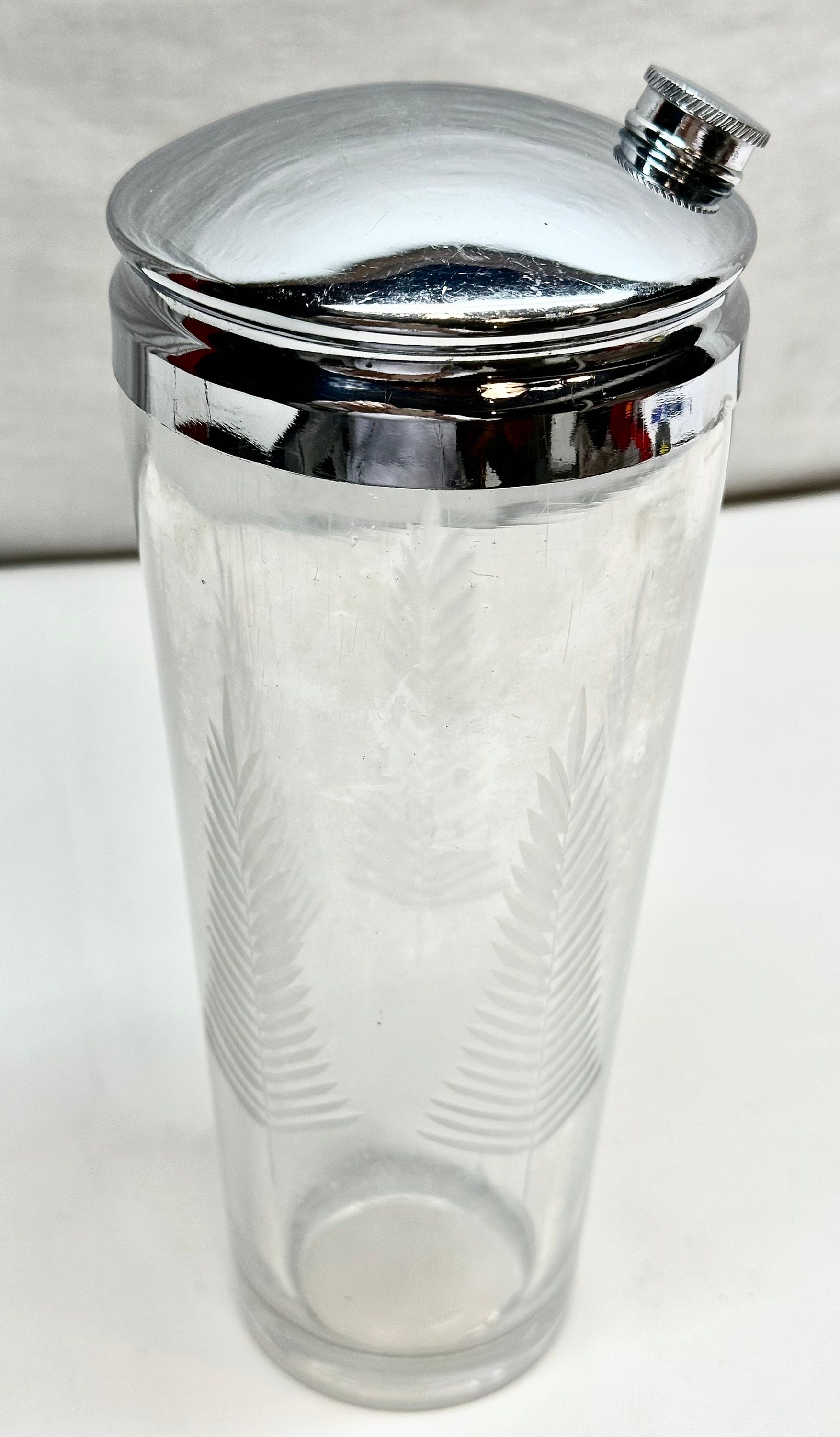 Vintage Clear Etched Glass Cocktail Shaker with Silver Lid