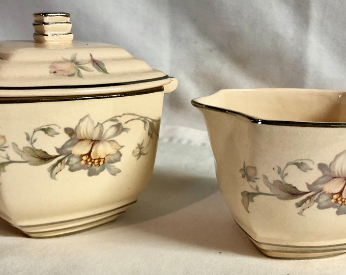 American Limoges China Co, Vintage Cream and Sugar Set, Royal Beige Silver Moon - 1920s Art Deco Pastel Floral