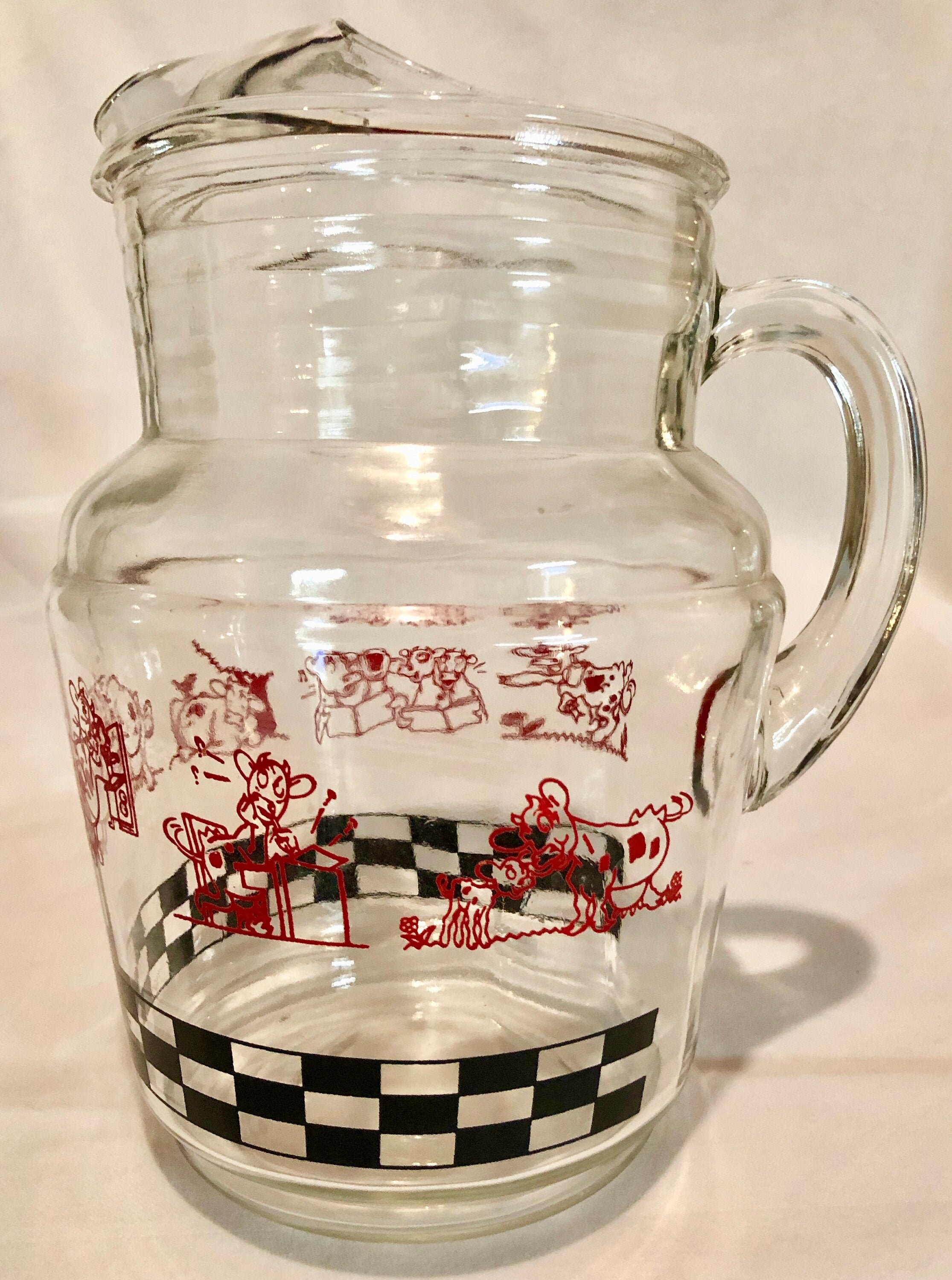 Vintage Dancing Cows Clear Glass Juice Pitcher with Ice Lip, Circa 1950's