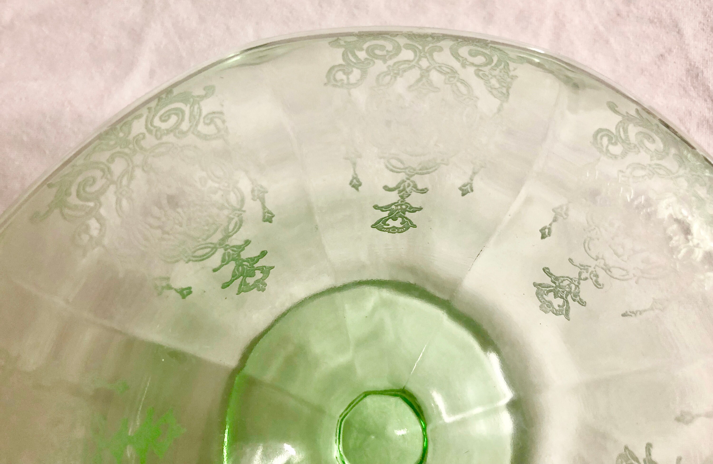 Antique Green Depression Glass Footed Candy/Trinket Dish with Scroll Design