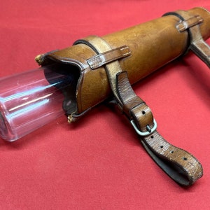 Vintage Riding Flask/Clear Glass Flask with Silver Cap and Leather Carrying Case for Belt Loop
