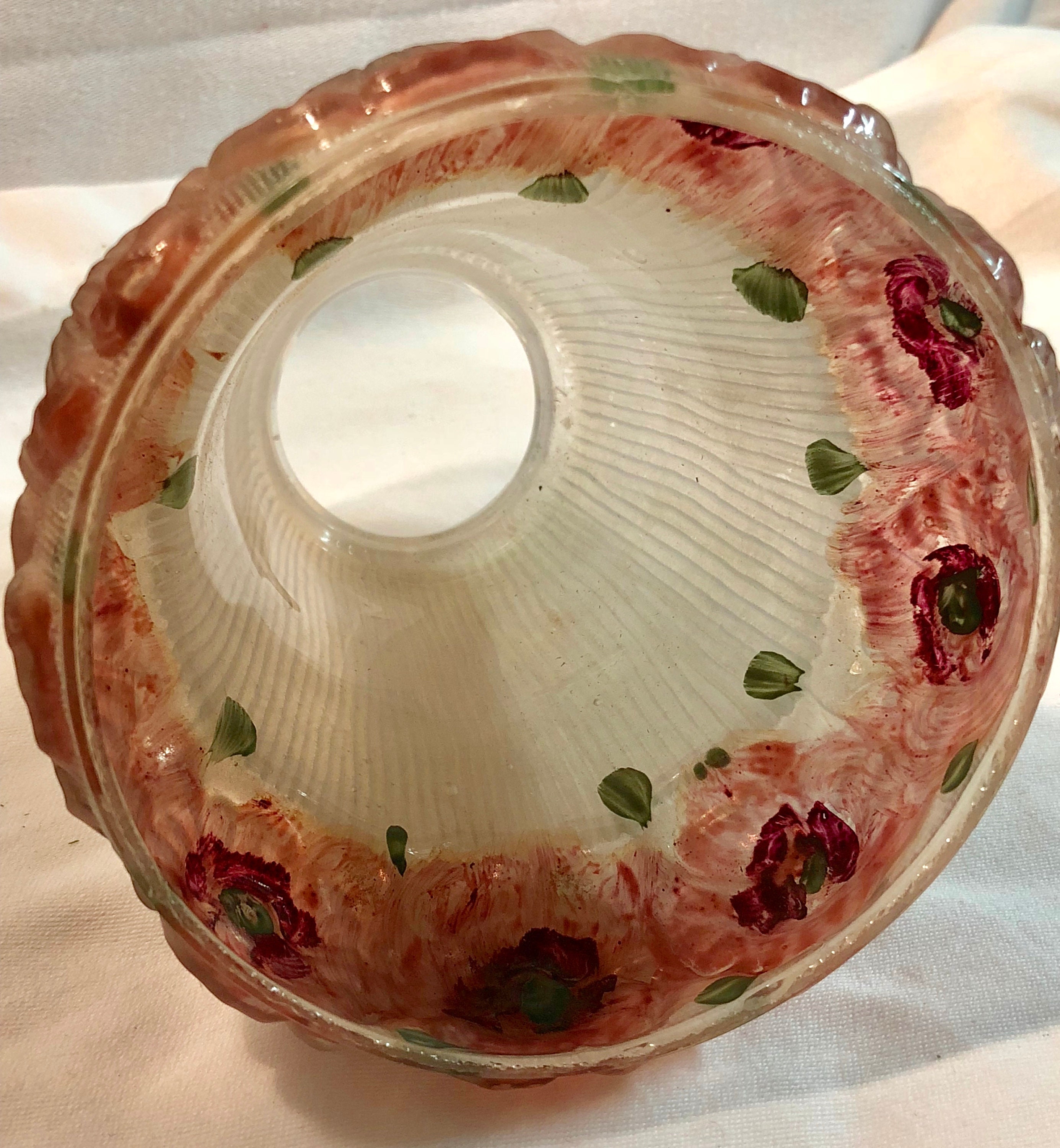 Antique Victorian Frosted White Glass Lamp Shade with Hand Painted Rose