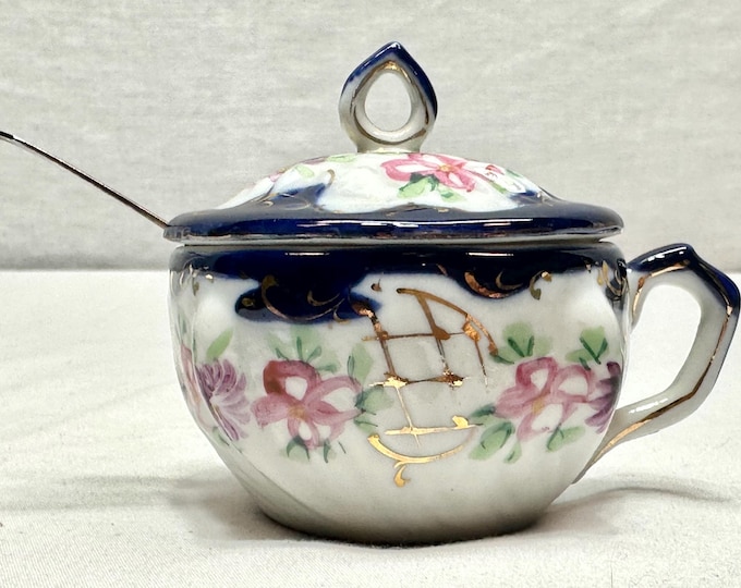 Antique Hand Painted Porcelain Covered Sugar/Mustard Dish with Sterling Silver Spoon
