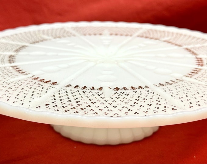 Vintage White Milk Glass Cake/Dessert Plate/Stand with Gold Diamond Pattern