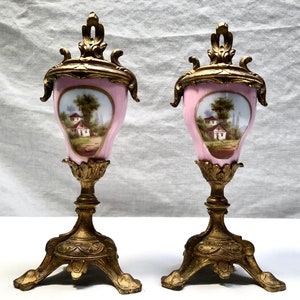 Vintage French Gilt Bronze Sevres Style Porcelain Urns, French Country Scene