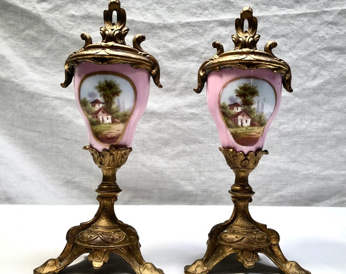 Vintage French Gilt Bronze Sevres Style Porcelain Urns, French Country Scene