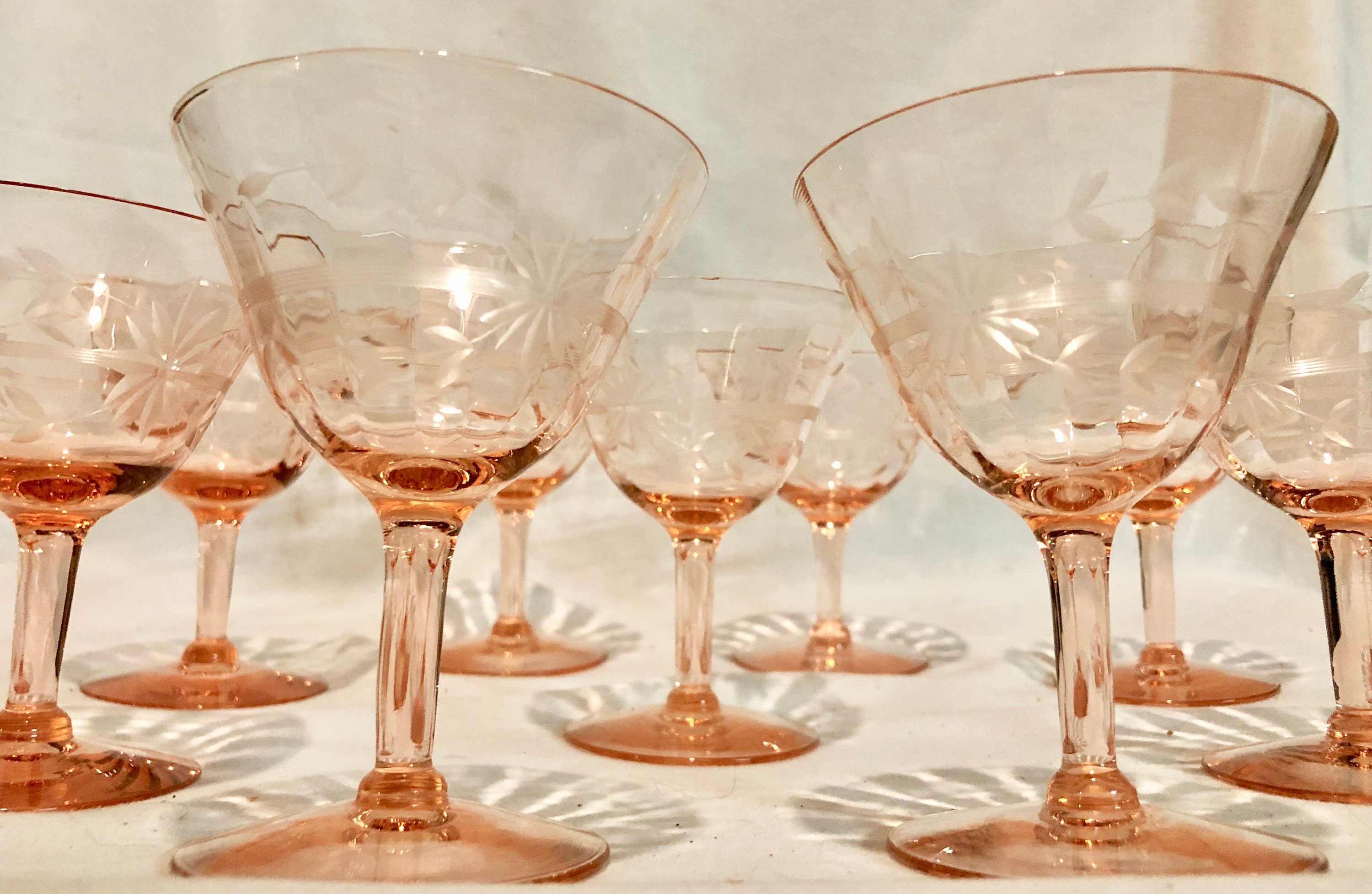 Pink Etched Floral Fluted Wine Glass, Set of 8